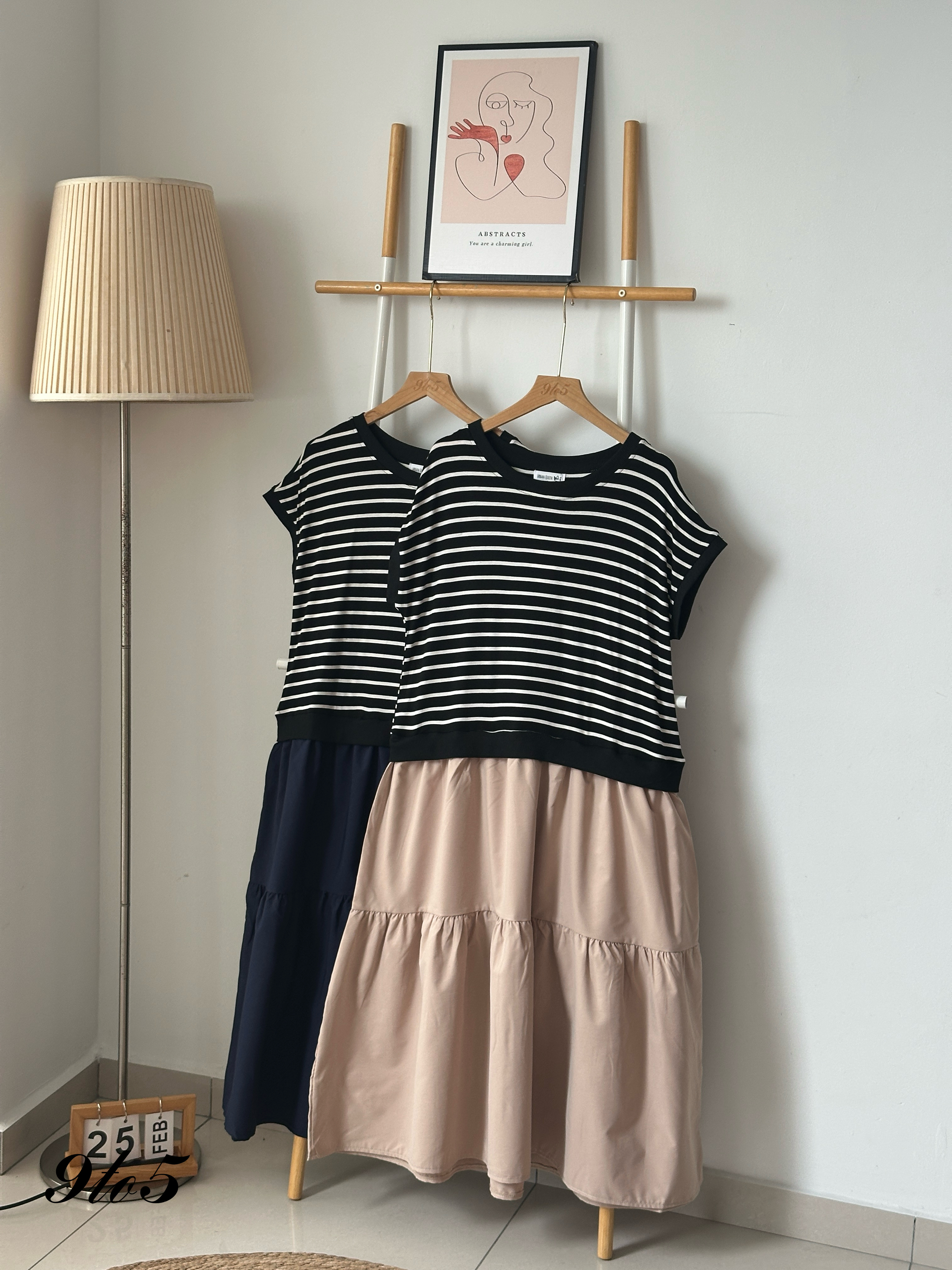 D2327 Stripe Layered Dress - Blue & Khaki