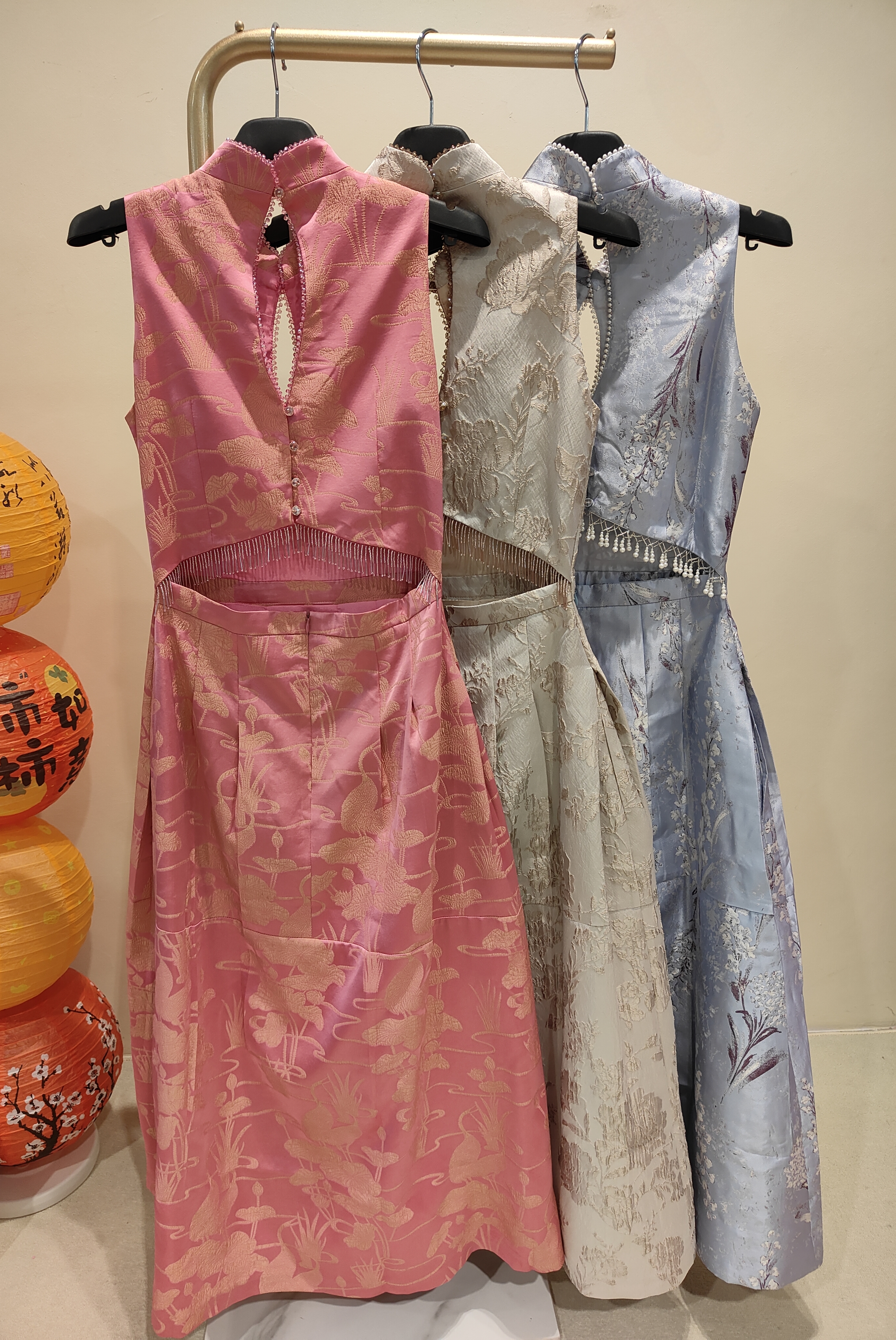 串珠露腰旗袍连身裙 2135 粉色/米色