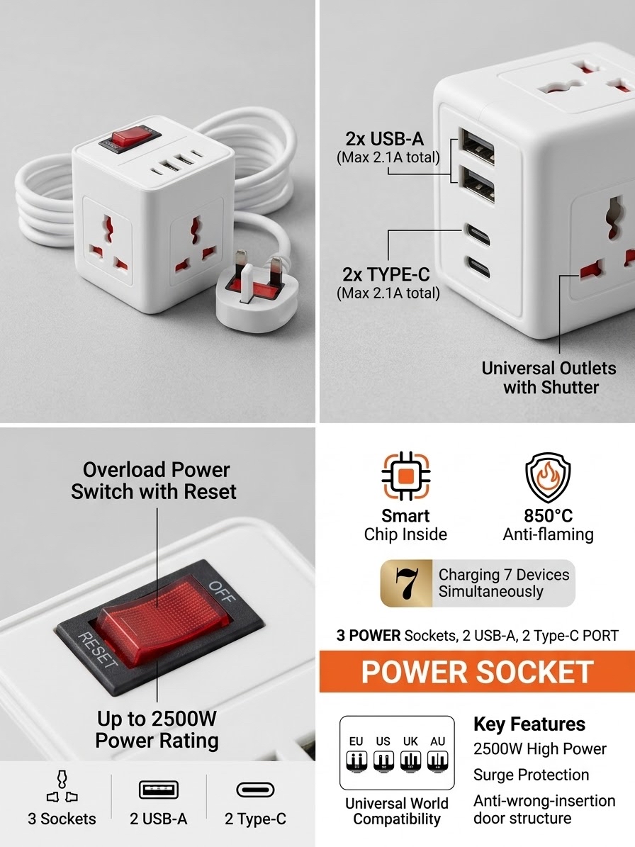 2500W 智能魔方電源插座｜3位萬用插座 + 2x USB-A + 2x Type-C｜防雷過載保護 850°C阻燃 安全快充 Smart Cube Power Socket Strip