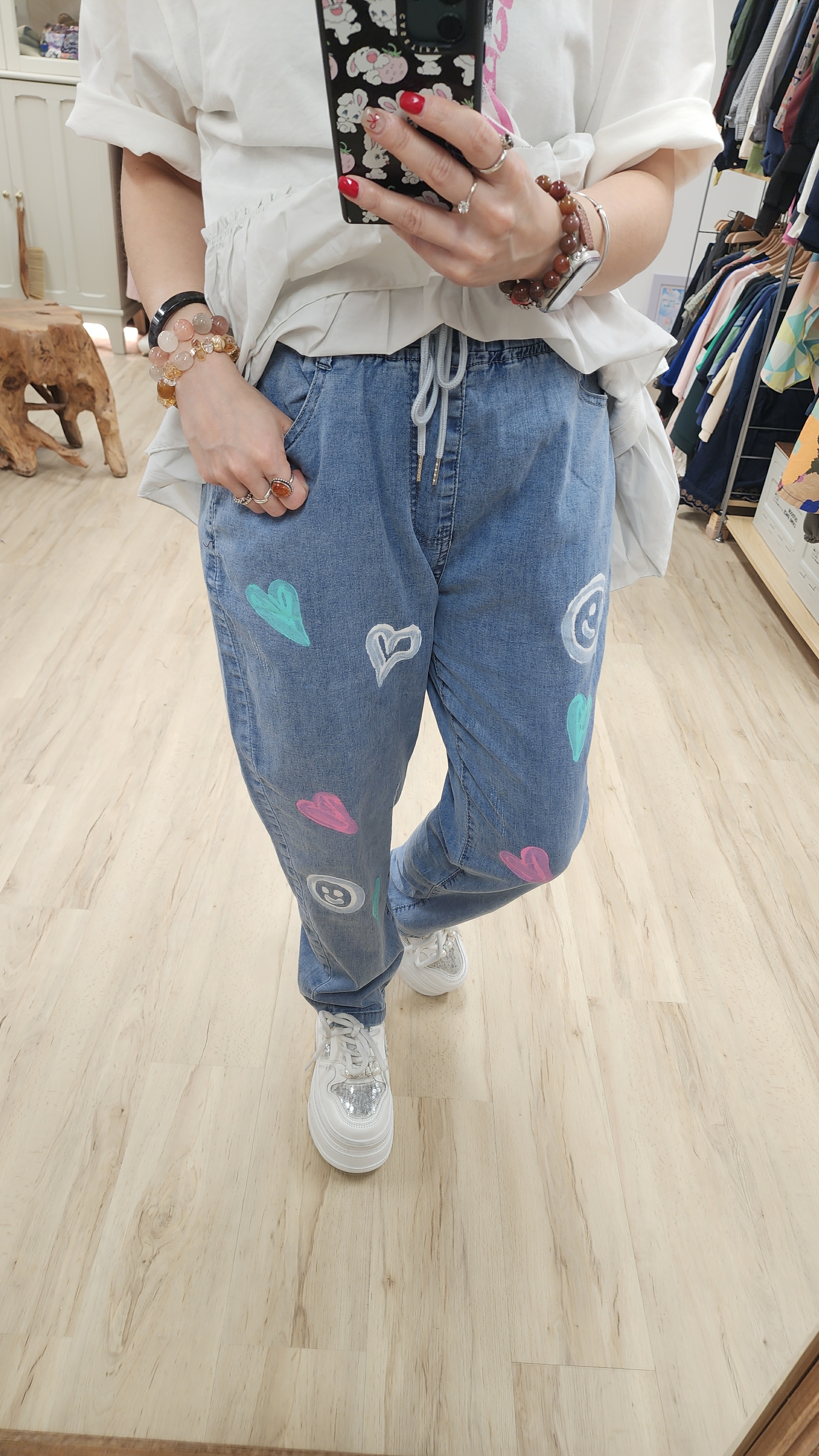 韓國淺藍哈哈笑心心印圖修腳橡筋牛仔褲