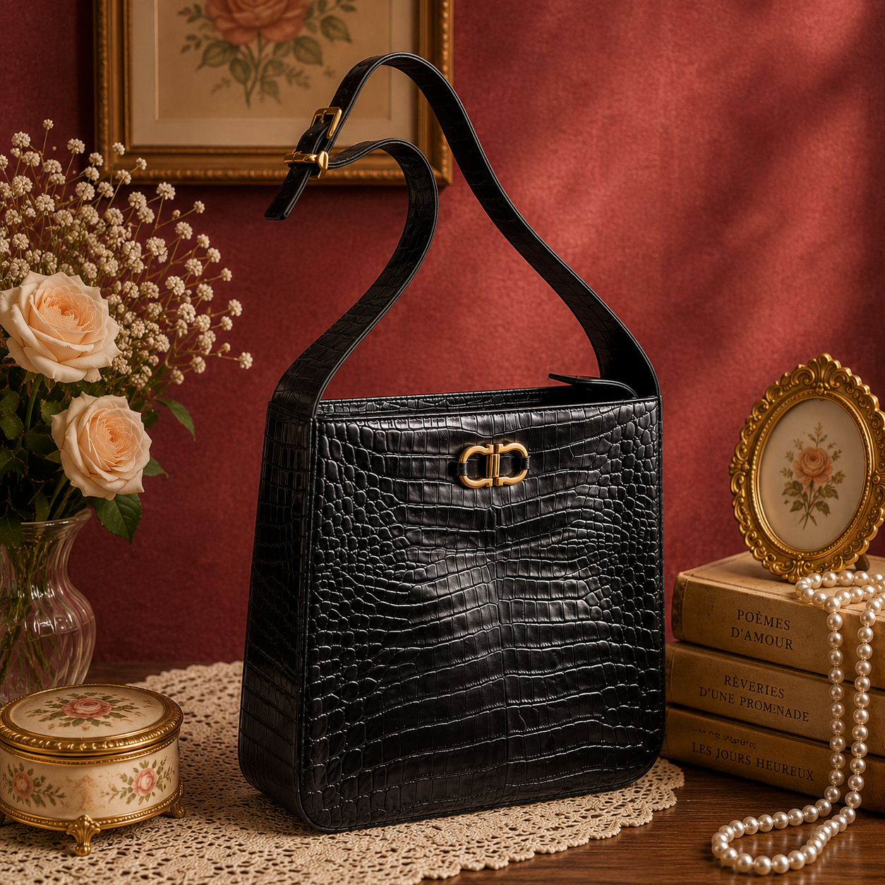 Vintage Salvatore Ferragamo Dark Blue Embossed Leather With iconic Gancini Hardware Large Two Way Shoulder / Crossbody Bag (MT1815)