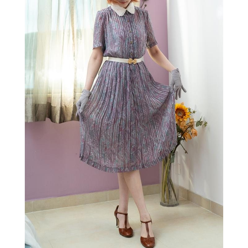 Vintage Japanese Paisley Pattern White Lace Collar Shirt Dress Pleated Summer Dress(MT2068)