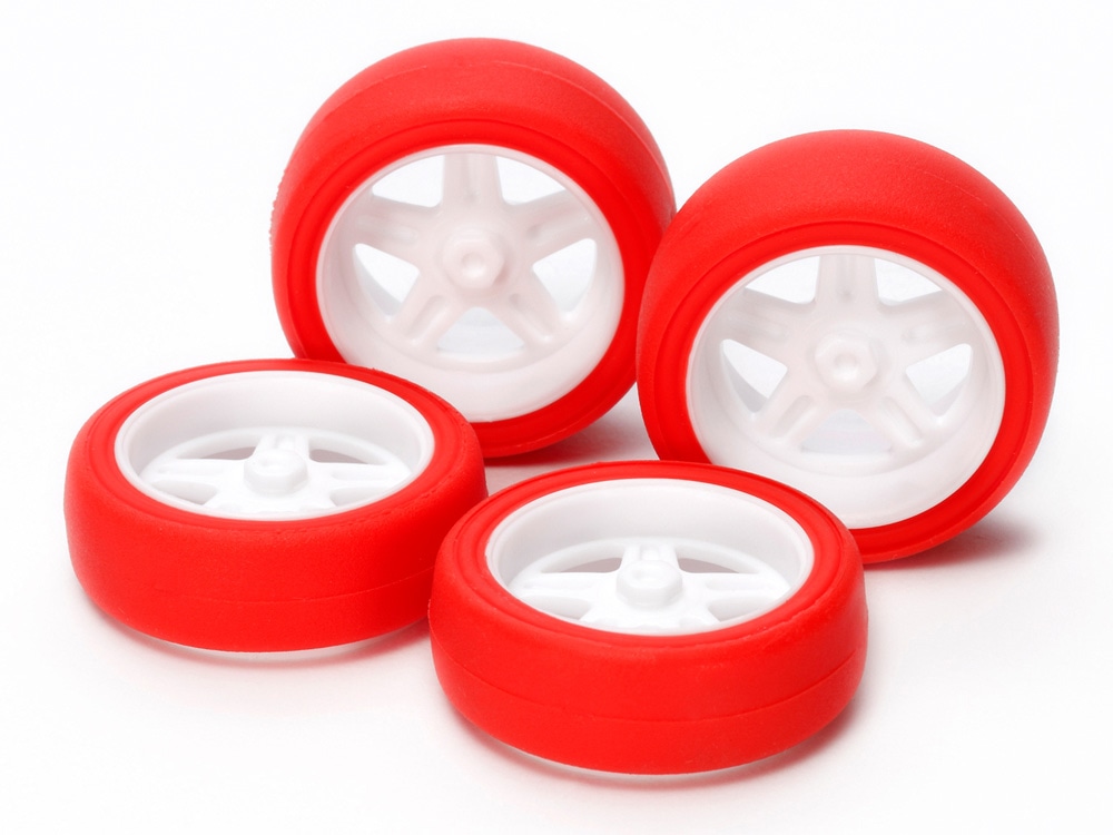 LARGE-DIAMETER 5-SPOKE WHEELS & HARD RED SLICK TIRES (for SUPER X & XX CHASSIS)