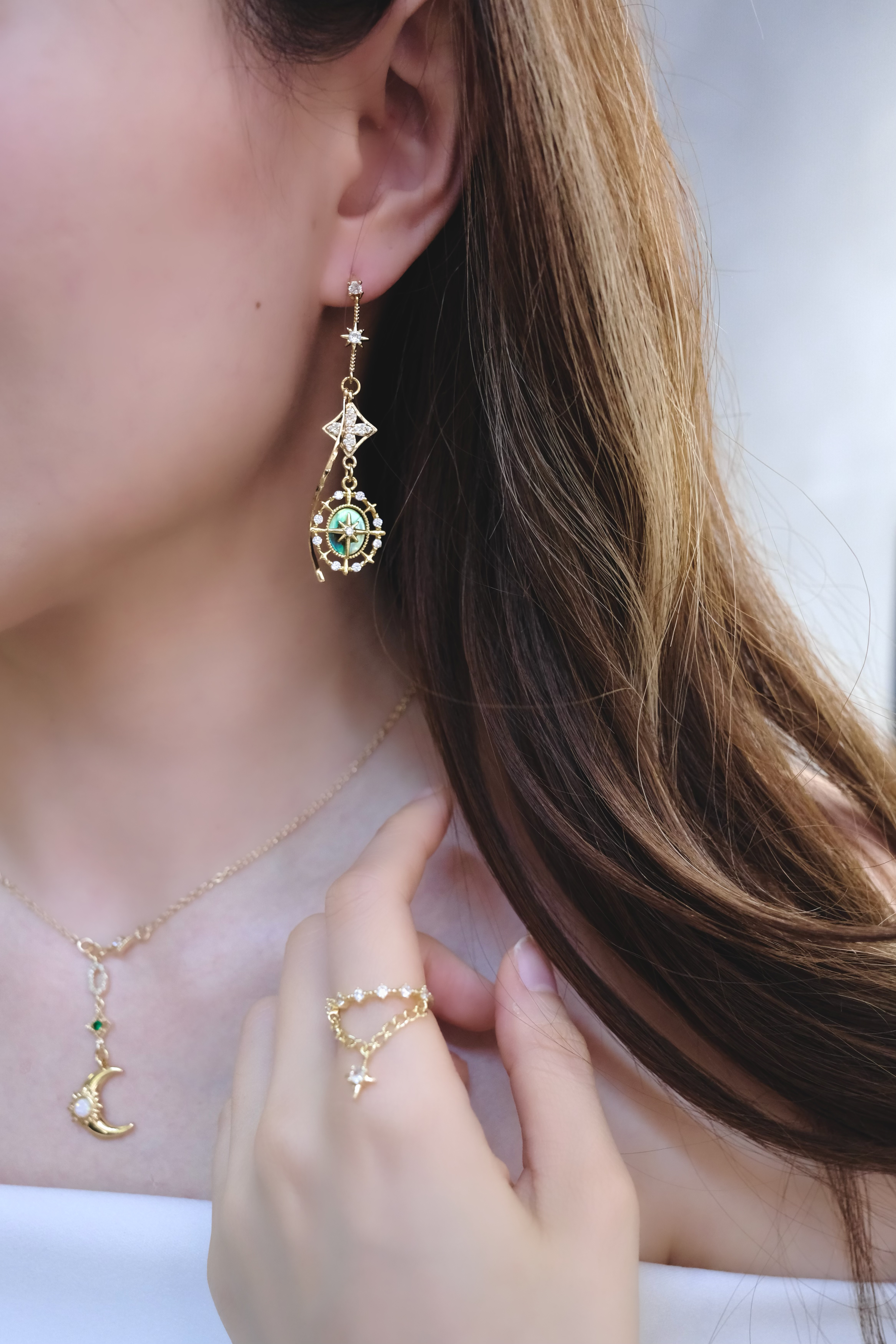  |組合裝| 貝殼幻光星耳環🐚+月光頸鍊✨+鑽戒星💍