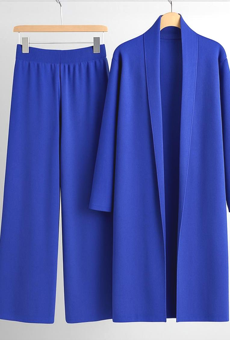 Long Knitted Open Front Cardigan and Sleek Pants