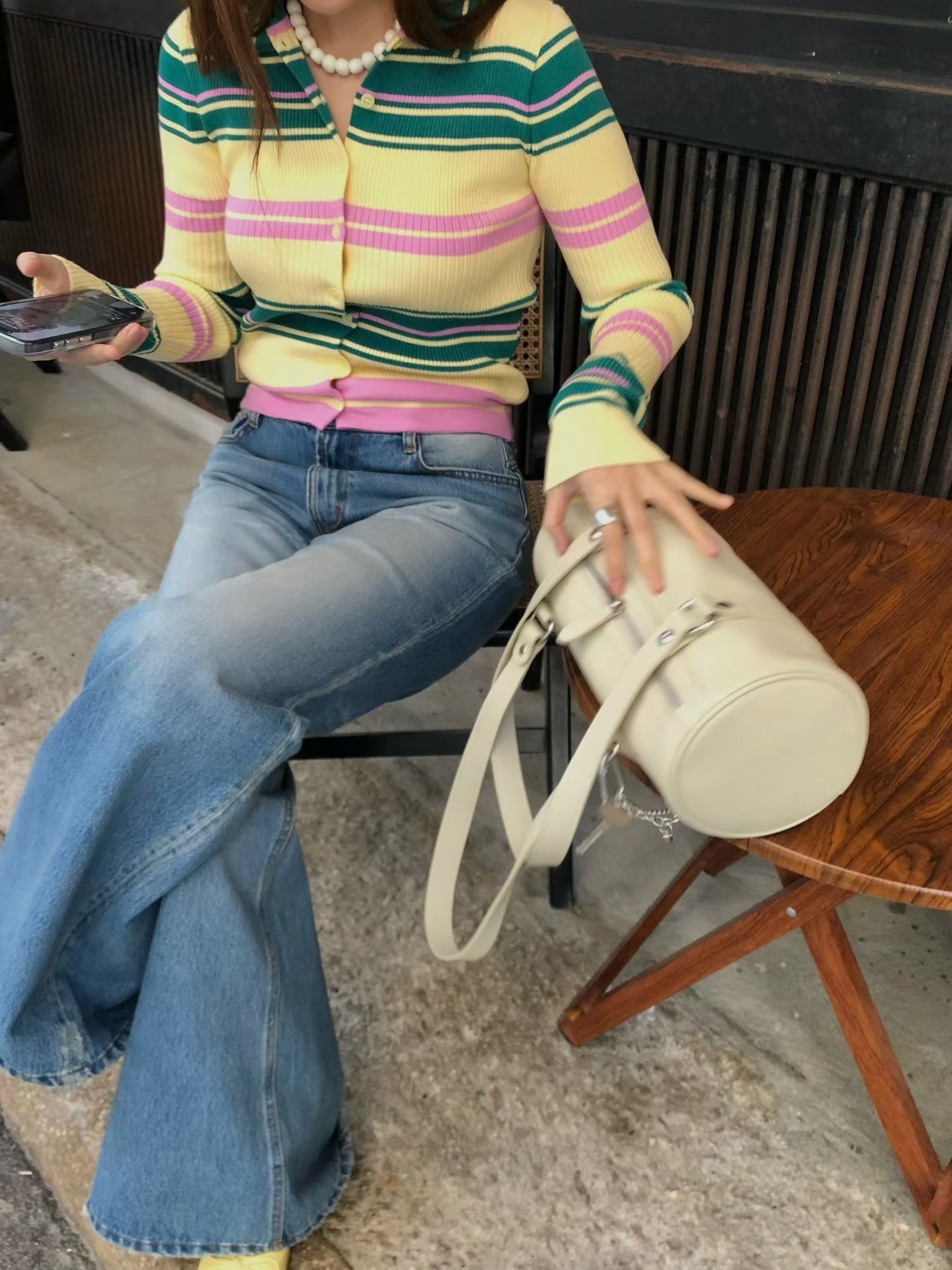 Retro rainbain ribbed knit top