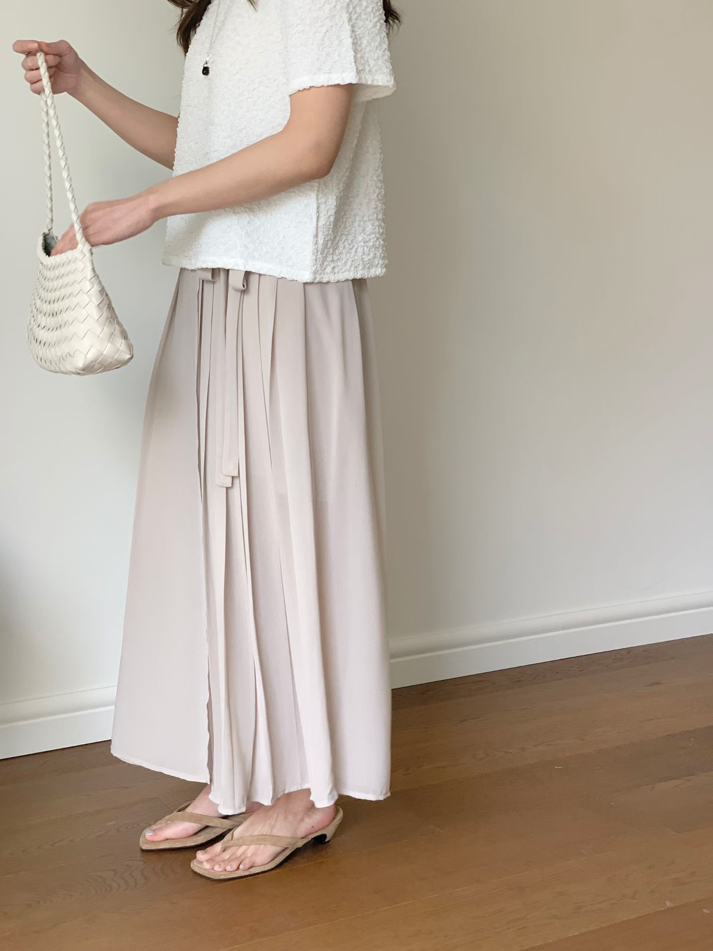 CT23 飄逸雪紡壓褶繫帶高腰寬裙褲
