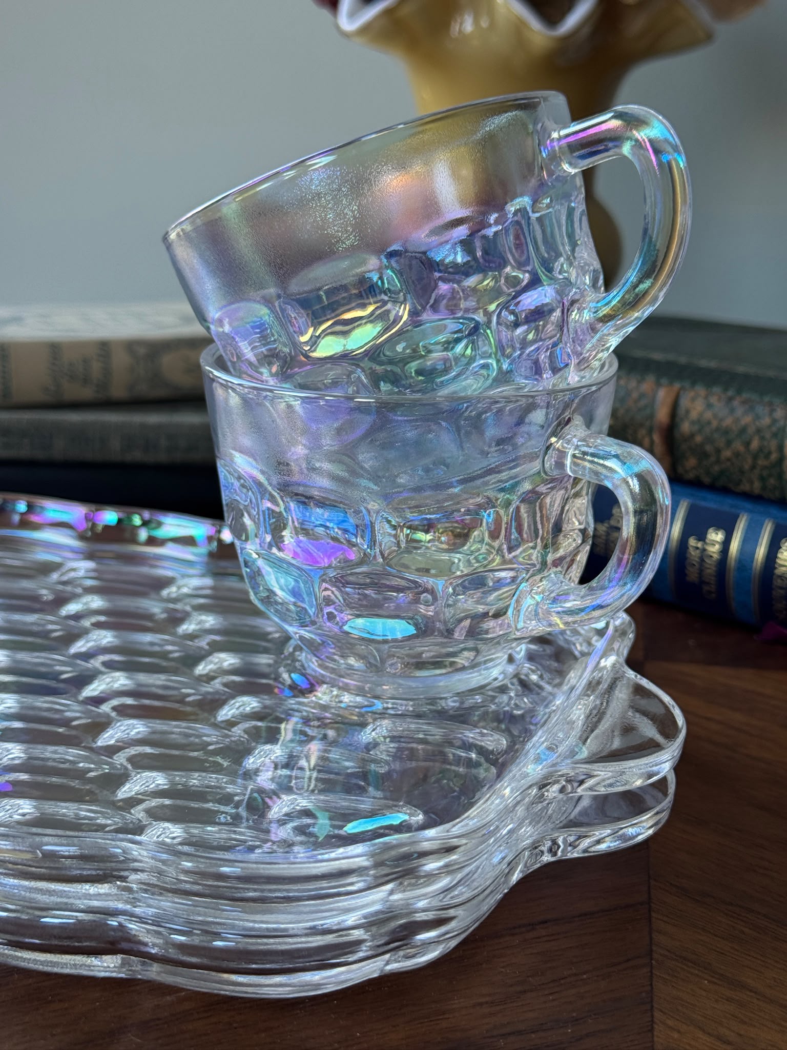 Vintage C.a. 1960s USA Federal Glass Yorktown “Thumbprint” Iridescent Snack Set -2 Sets  (MT2641)