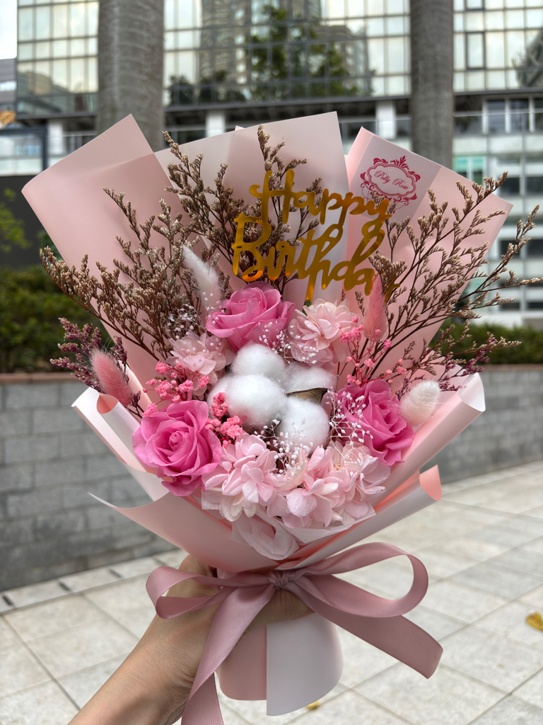 永生花花束（3朵玫瑰，高約36cm，紅、粉紅、紫、藍、淺粉）