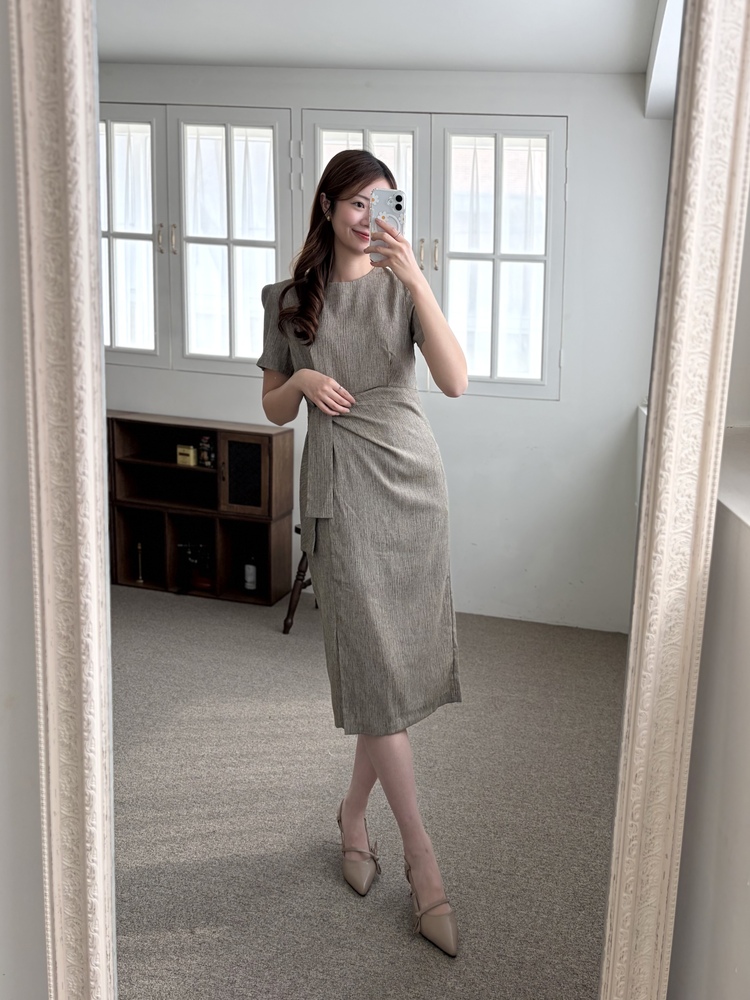 Elise Draped Slit Dress (Khaki)