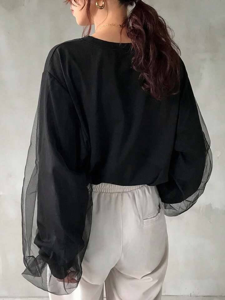 (兩色）薄紗拼接上衣