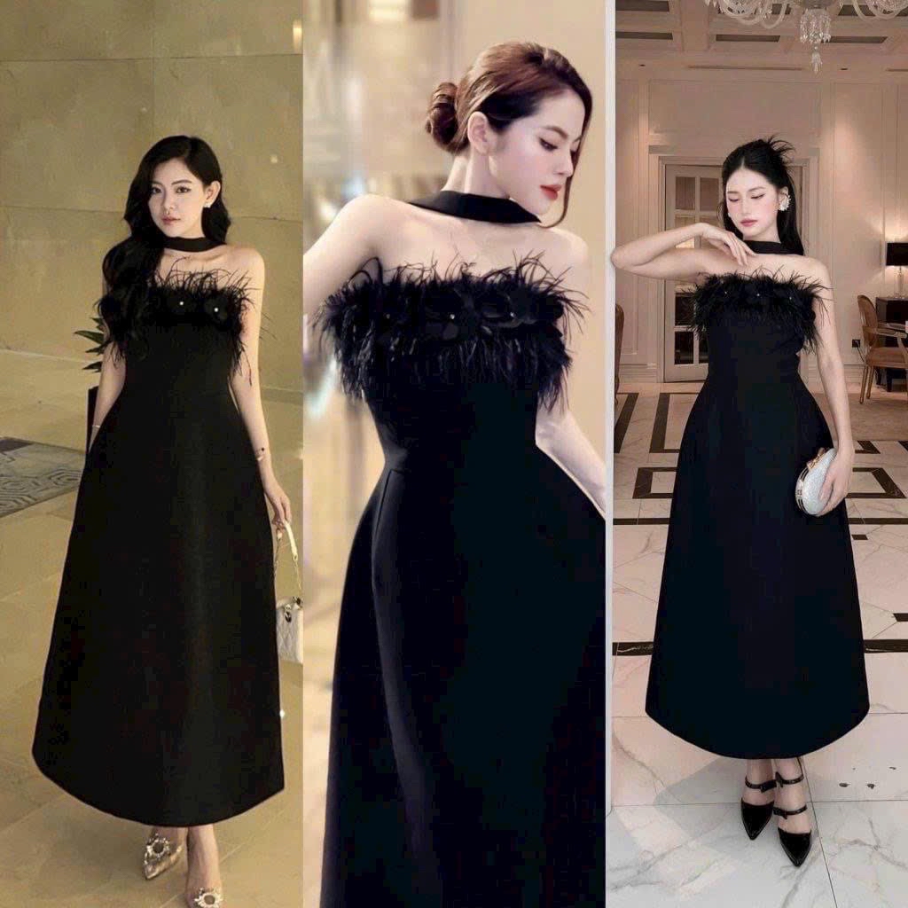 羽毛飾邊中長洋裝 * 優雅無肩帶