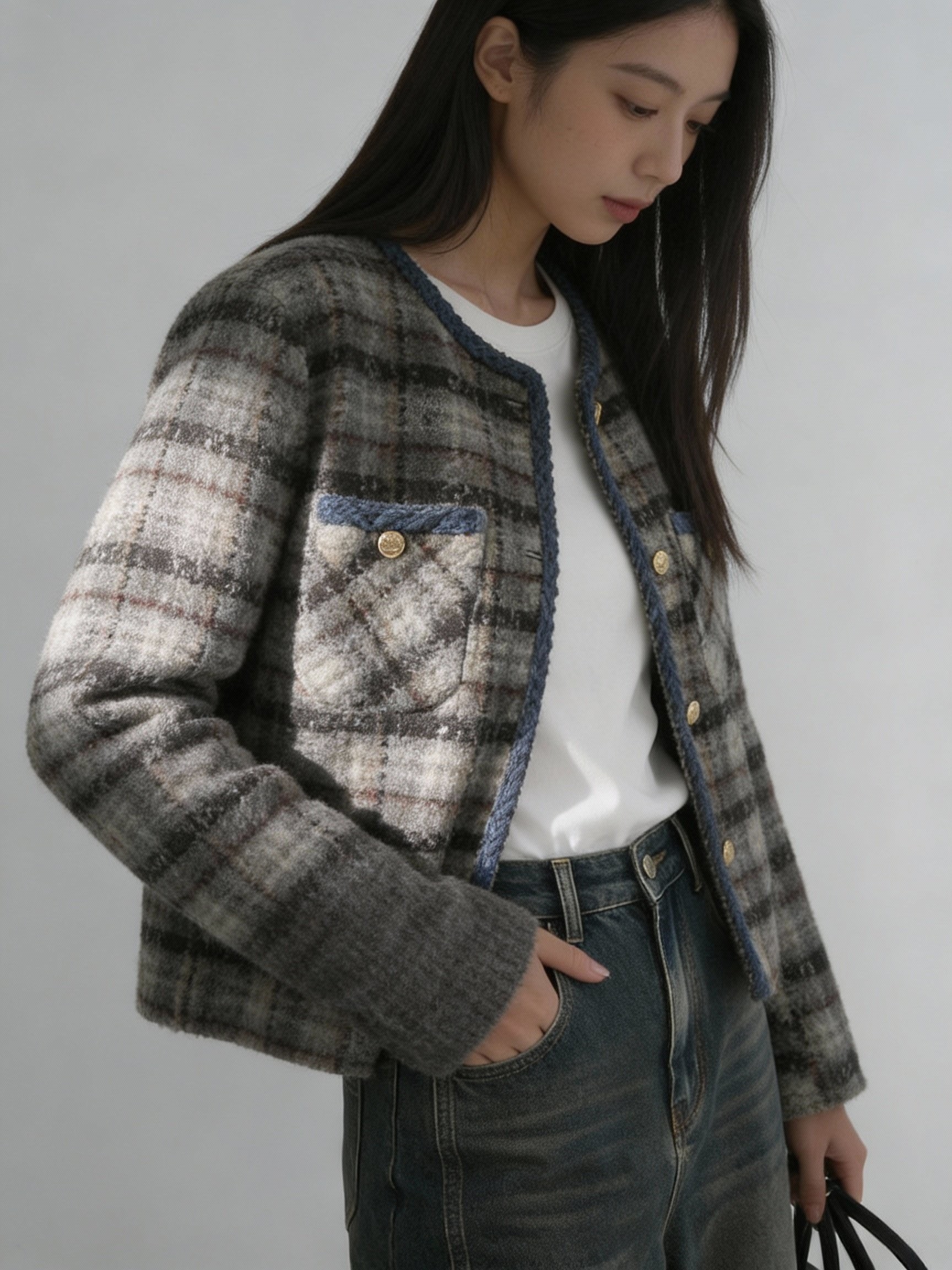 格紋粗花呢滾邊短款外套