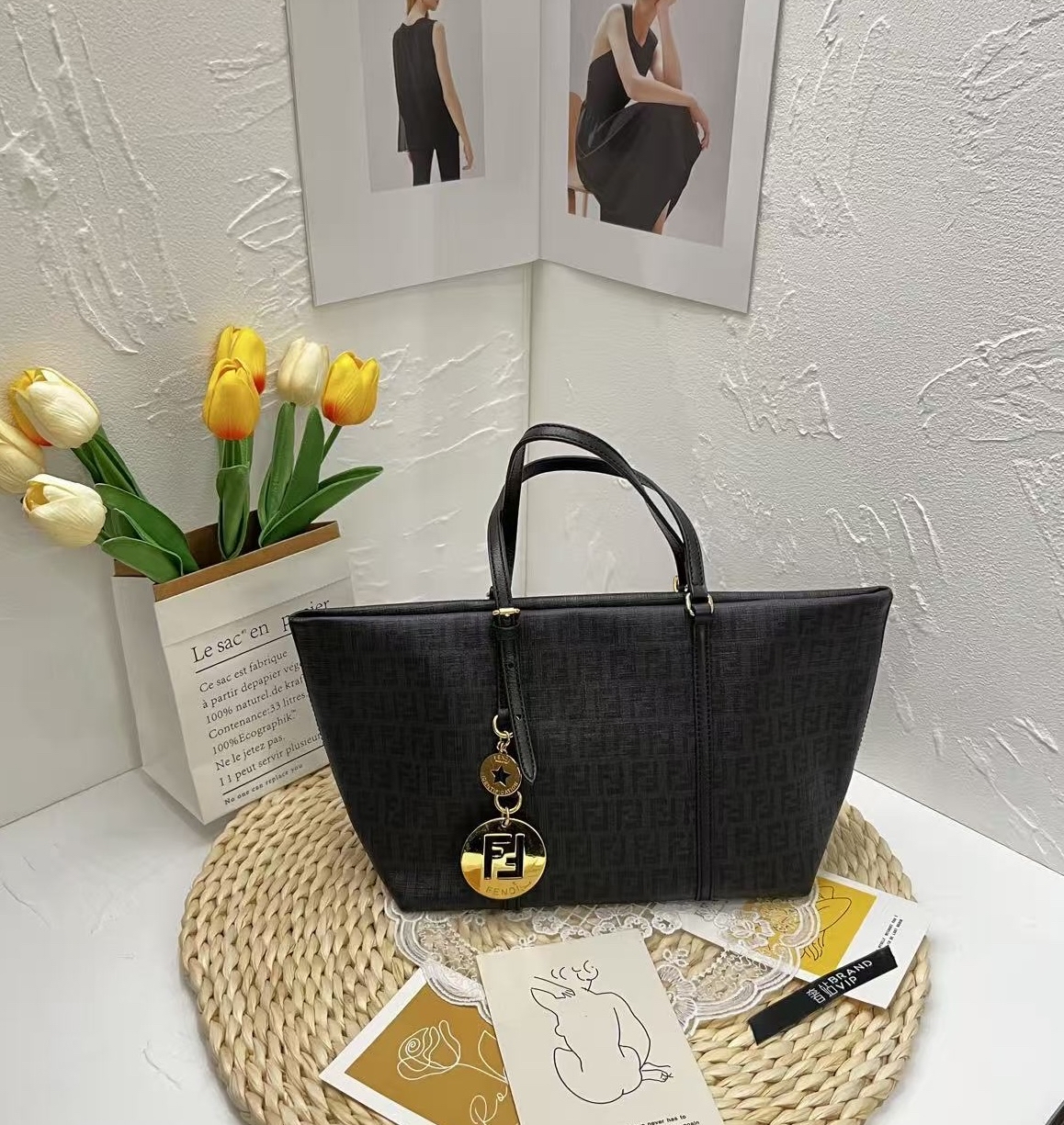 Fendi Black Zucchino Canvas Shopping Tote Bag