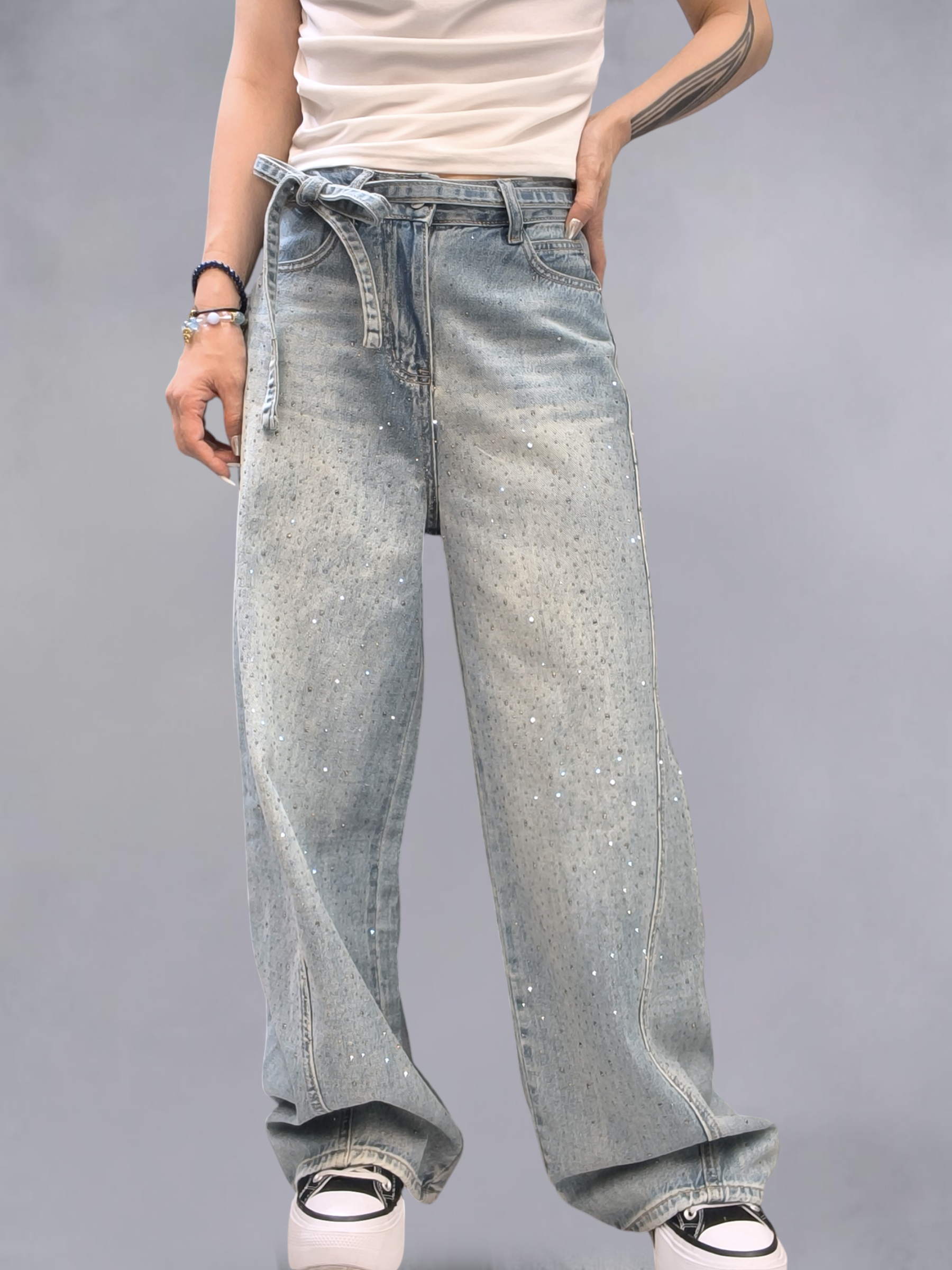 腰帶閃石牛仔褲