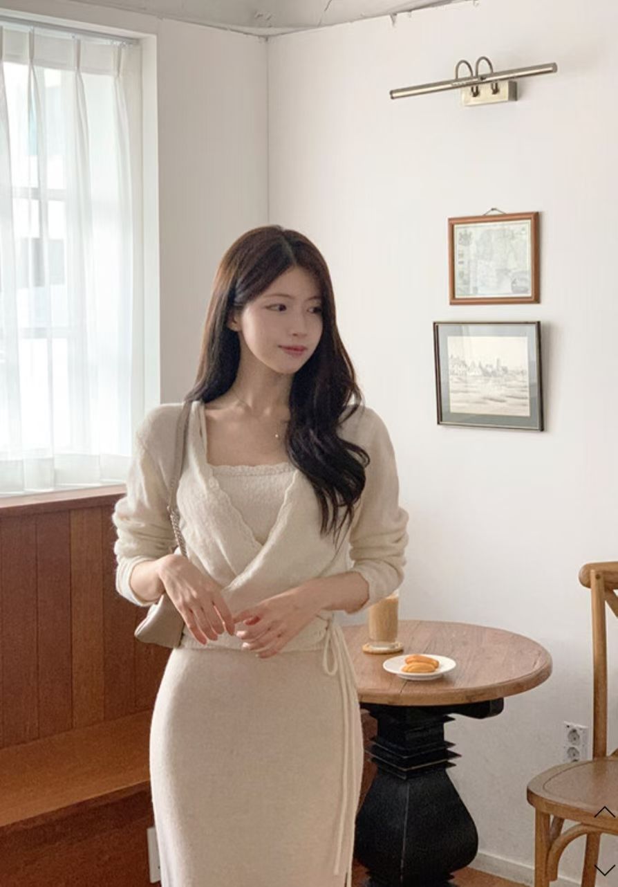 【20%羊毛】針織吊帶綁腰套裝 米白色