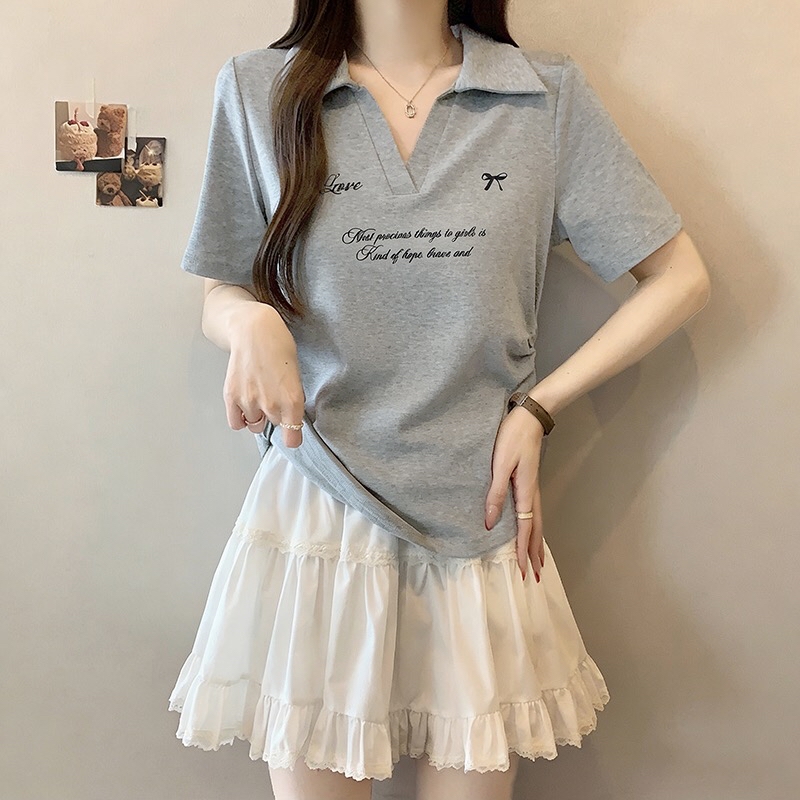 B124(36912) 美式甜美风斜小字母爱心蝴蝶结翻领4色上衣