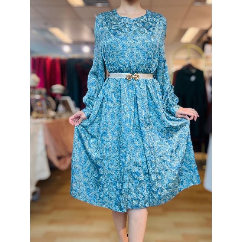 Vintage Japanese Tropical Leaf Pattern Long Sleeve Day Dress- Size L(MT1608-145)