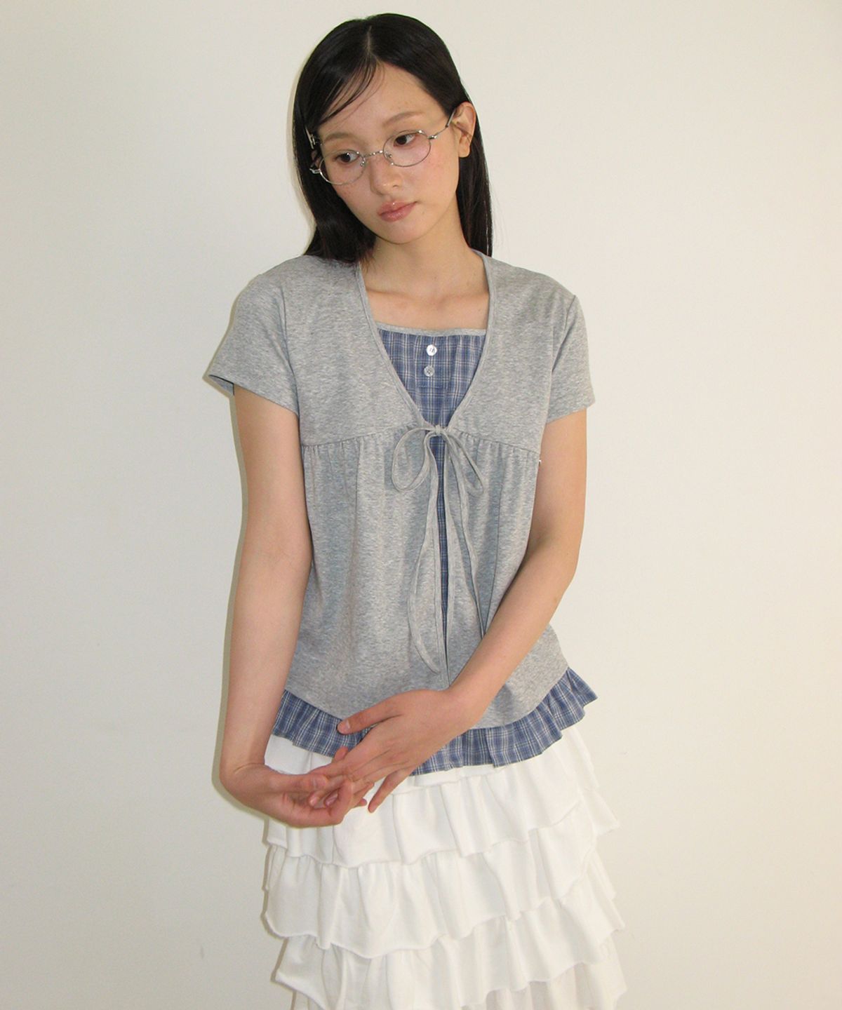 🇰🇷訂購｜ronron 26SS｜CARDIGAN LAYERED SOFT CHECK T SHIRT  2色 