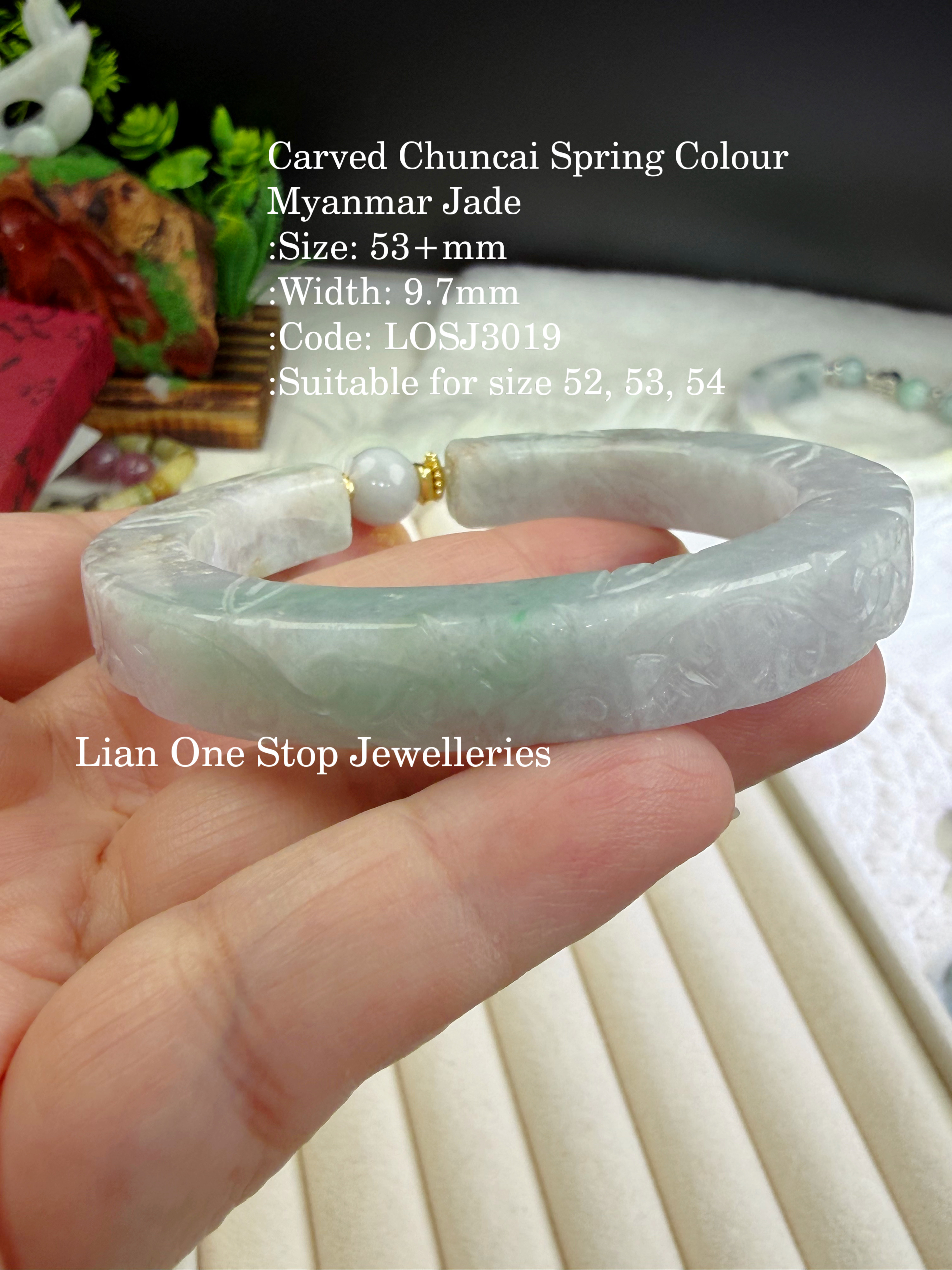 Code: LOSJ3019 Carved Chuncai Spring Colour Myanmar Jade  53+mm