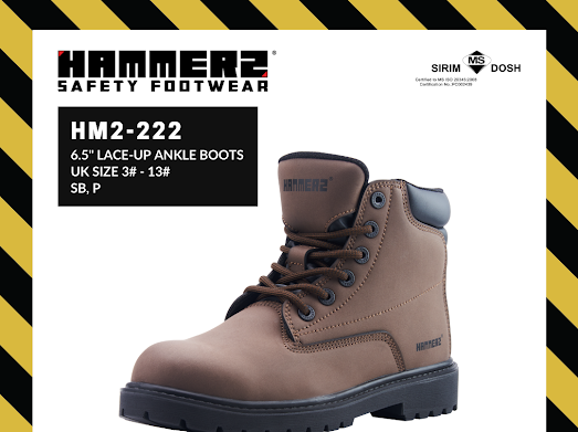 HAMMER 2 SAFETY FOOTWEAR HM2-222 6.5'' Lace-Up Ankle Boots METAL FREE SIRIM and DOSH Approved Shoes Kasut Kasut Keselamatan