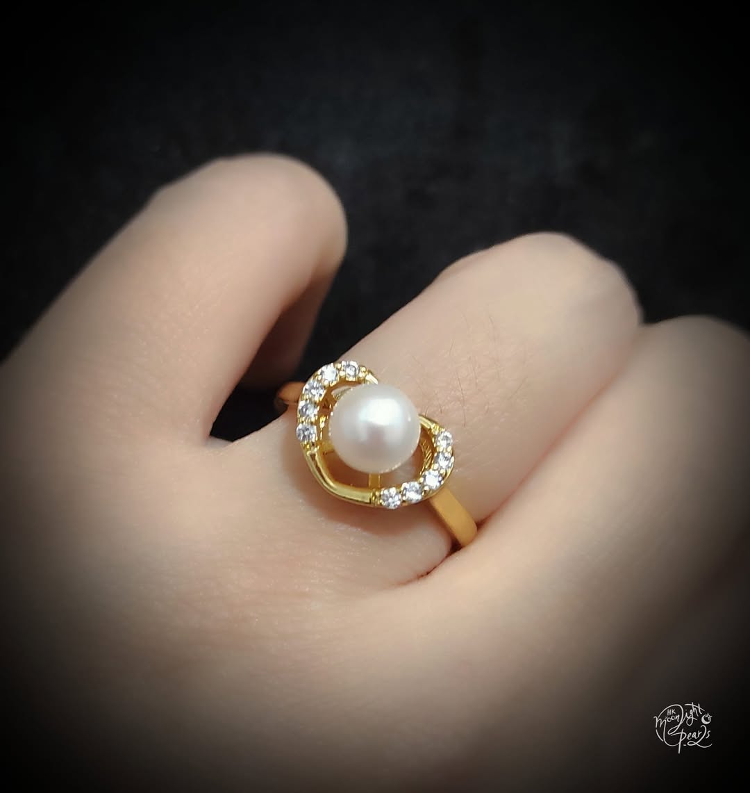 特價品‼️正圓強光日本akoya 櫻花粉海水珍珠注金愛心開口戒指