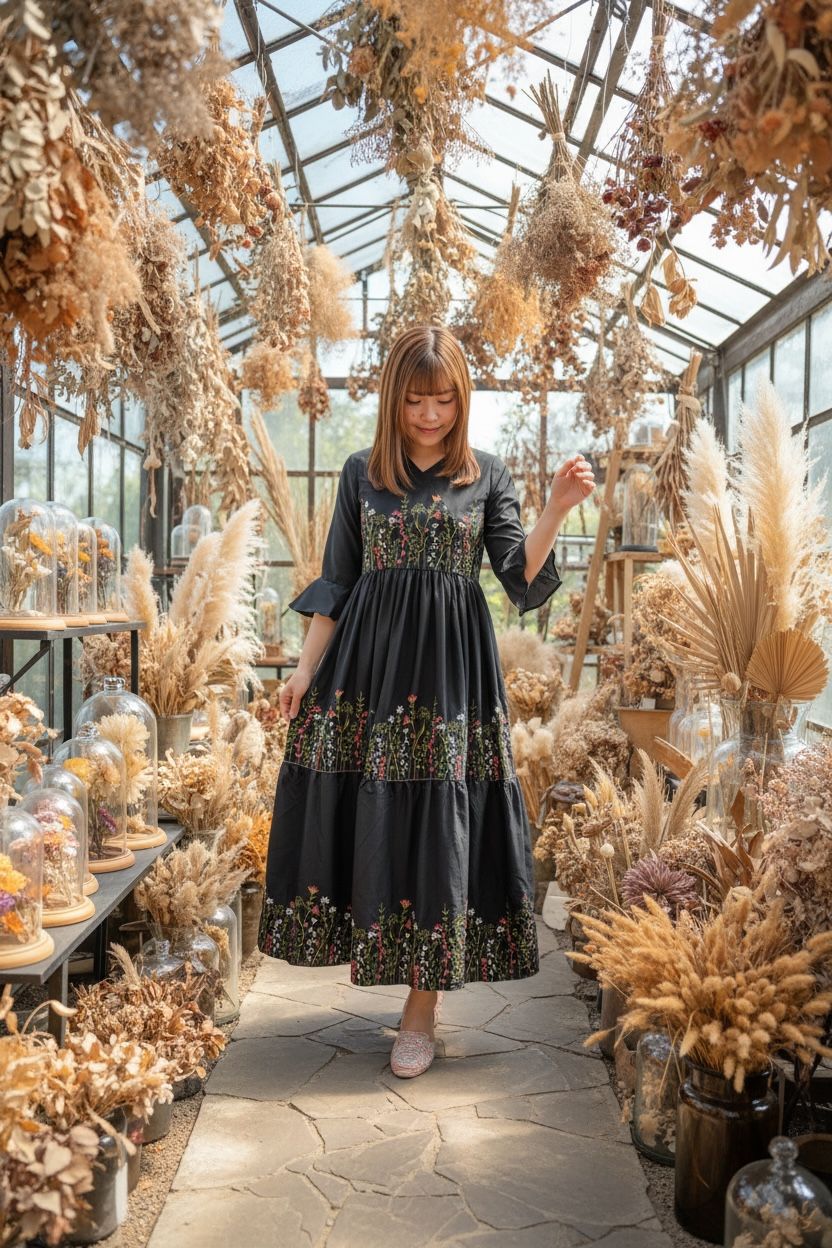 1671 Black Overlap V-Neck Floral Emb. OP 46.5"