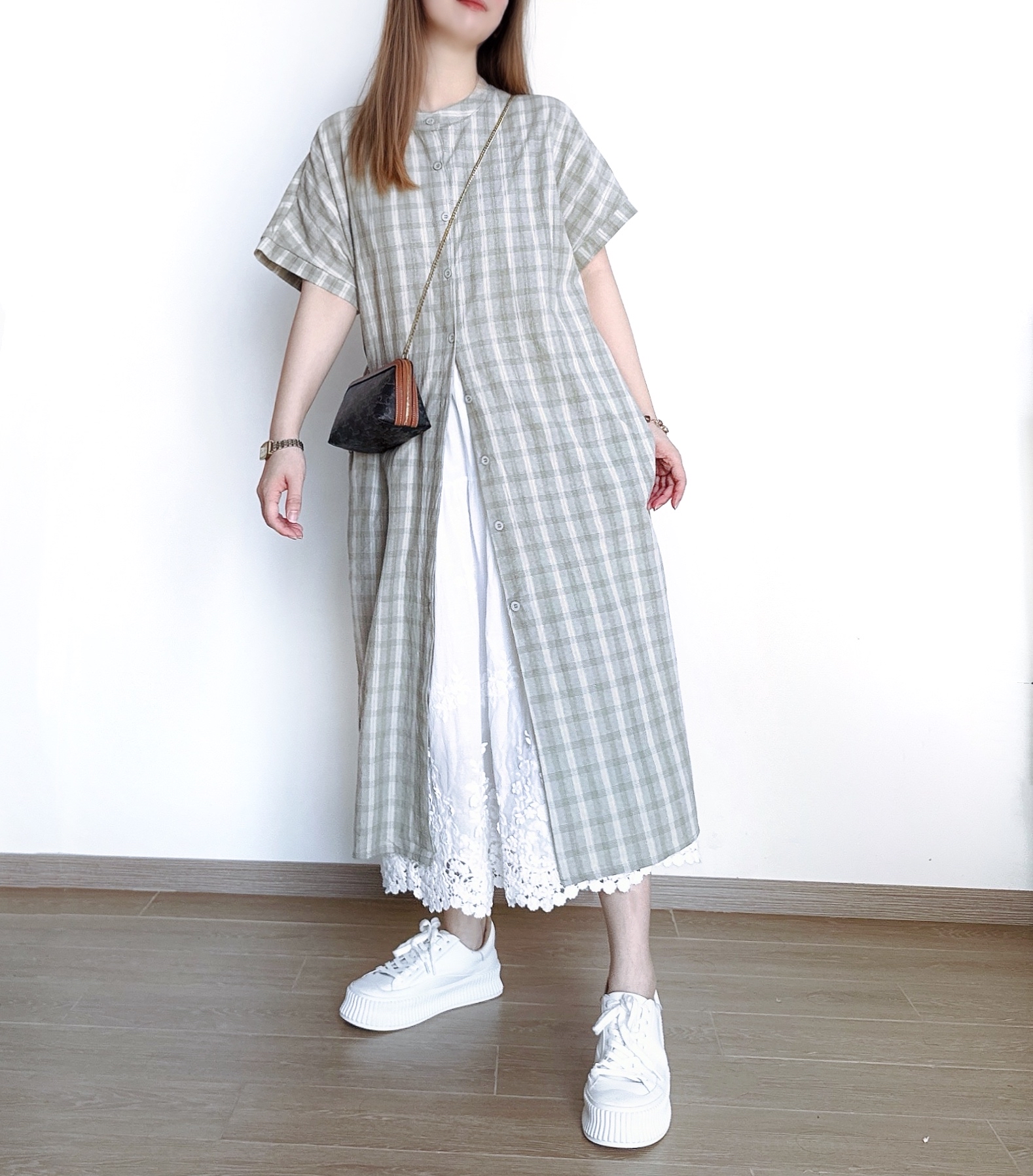 日系豆綠格紋Ops