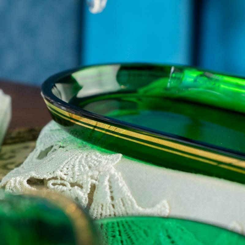 Vintage German Füger Taube 1947-1954 Art Deco Style Green Glass Dressing Table Set - Tray, Powder Box & Perfume Bottle (MX006)