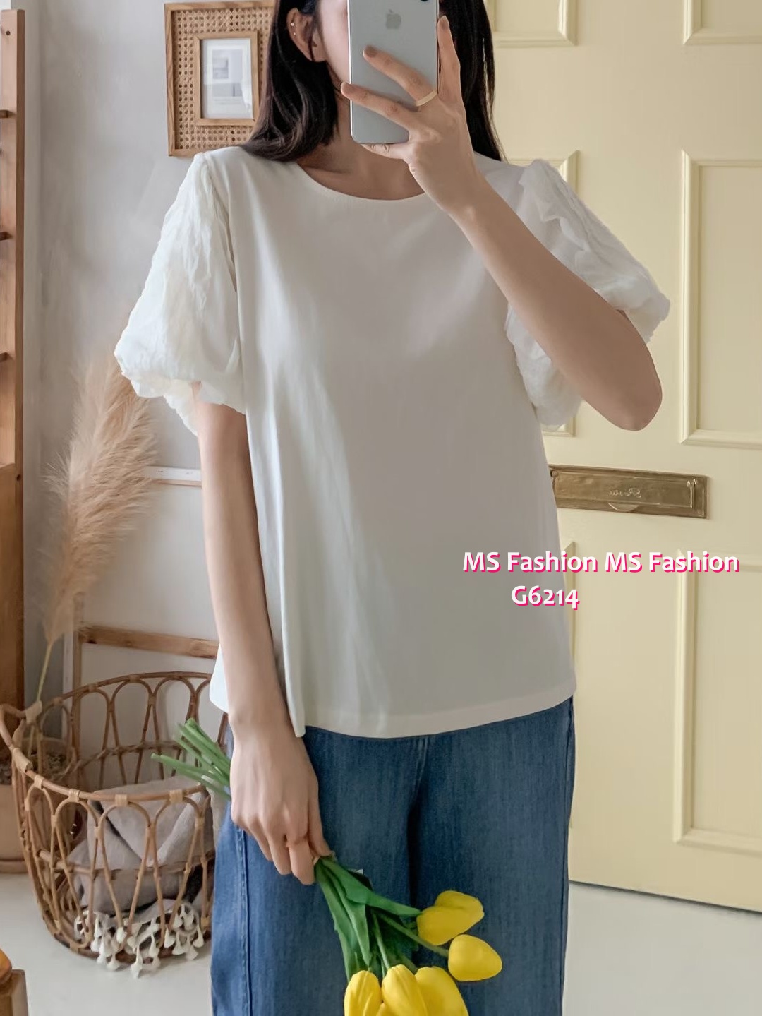 G6214 韓國🇰🇷淨色泡泡袖top