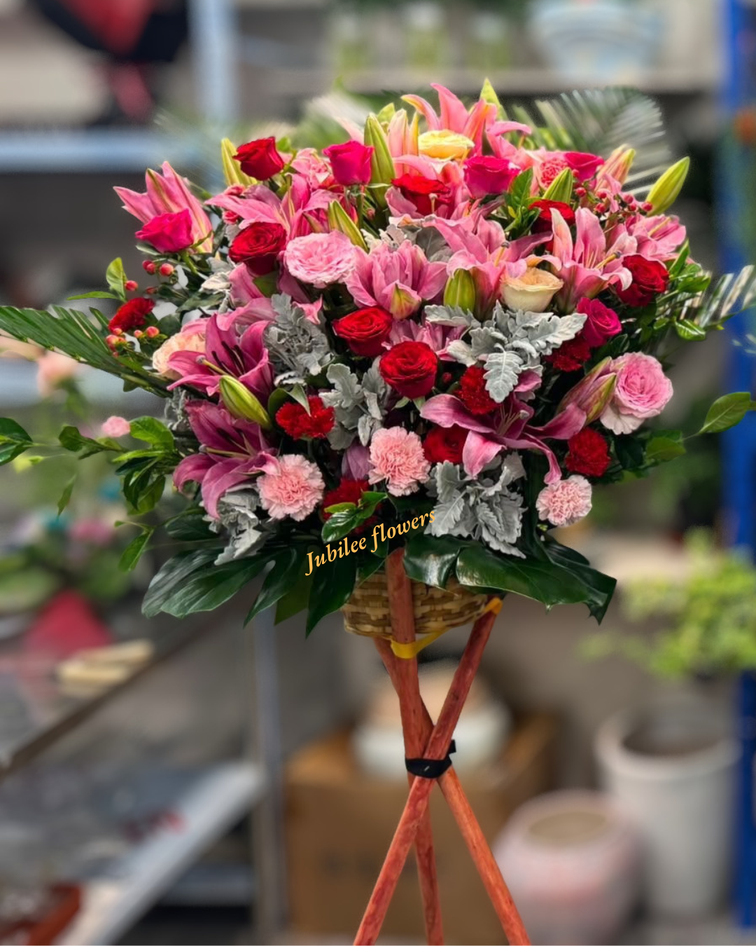 🎉【開張花籃】紅粉系列｜ 紅玫瑰粉百合開業賀籃