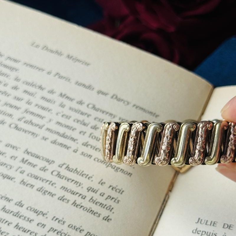 Antique 1910-1940s L.S Gold Filled Two Tone Rose & Yellow Gold Etched Pattern Sweetheart Expandable/Stretchy Bracelet(MT1361)