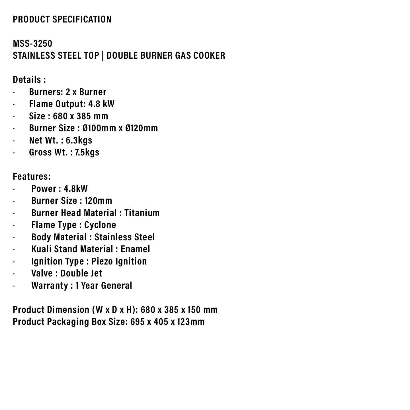 Milux Stainless Steel Double Burner Gas Cooker (MSS-3250)
