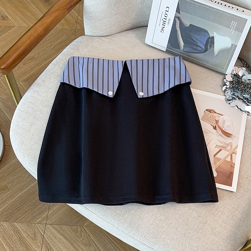 B20(6109短) 短款韩系减龄拼接撞色条纹翻领袖边上衣与条纹折角边短裙蓝套装 