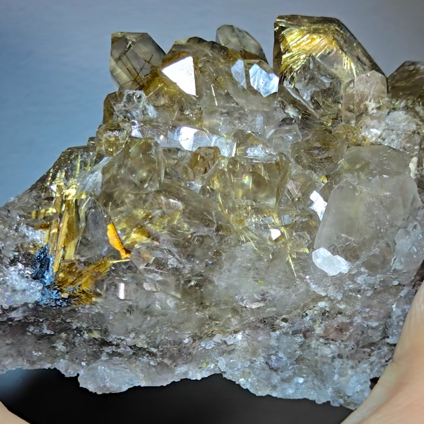 High-grade golden starburst rutiles on black hematite in quartz - RT1434
