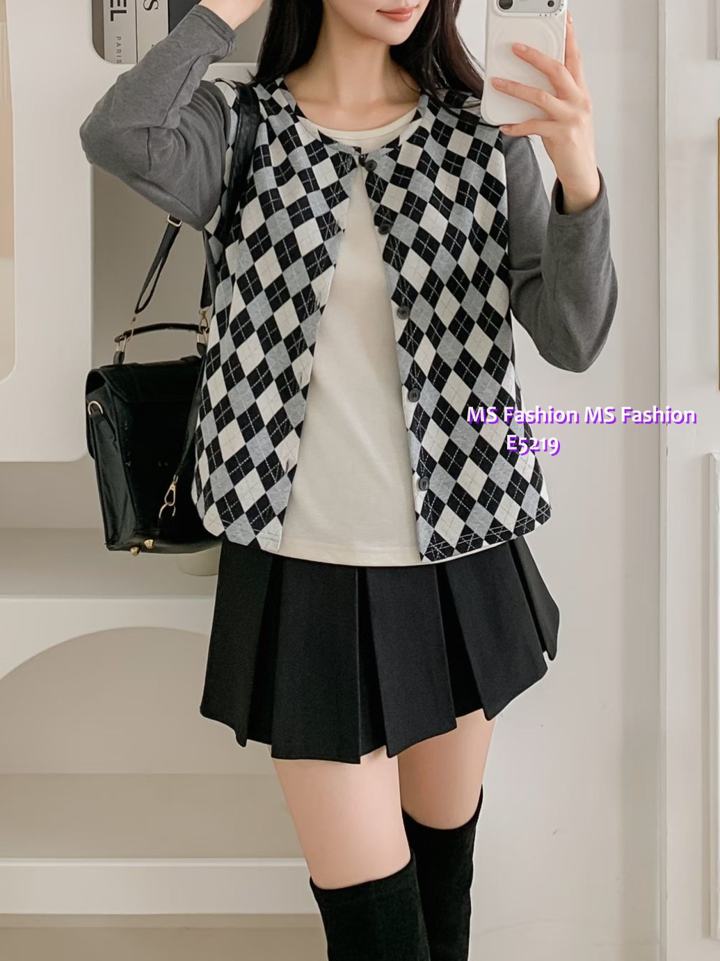 E5219 格紋pattern假兩件top
