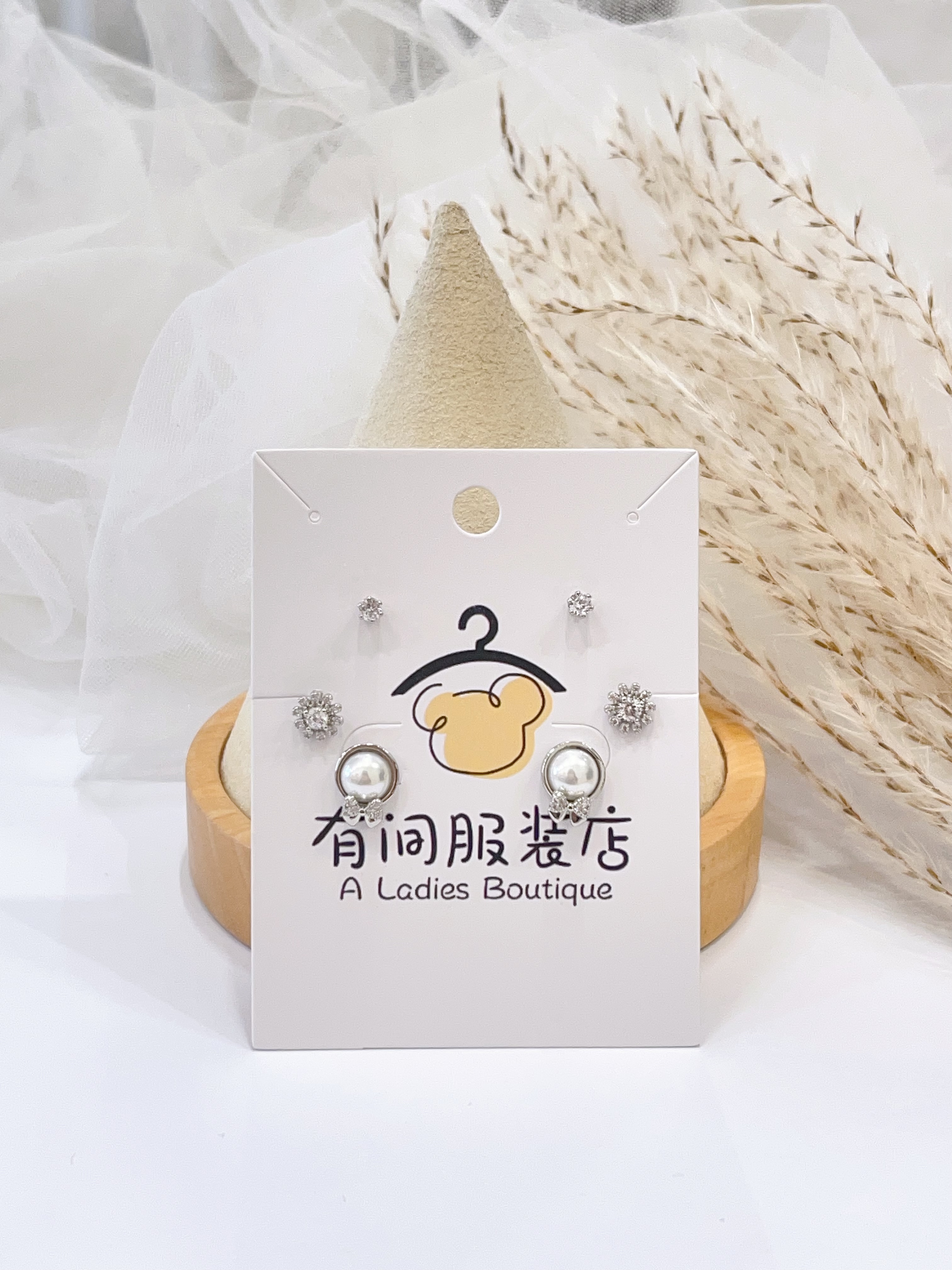 银色小花珍珠蝴蝶结耳环套装