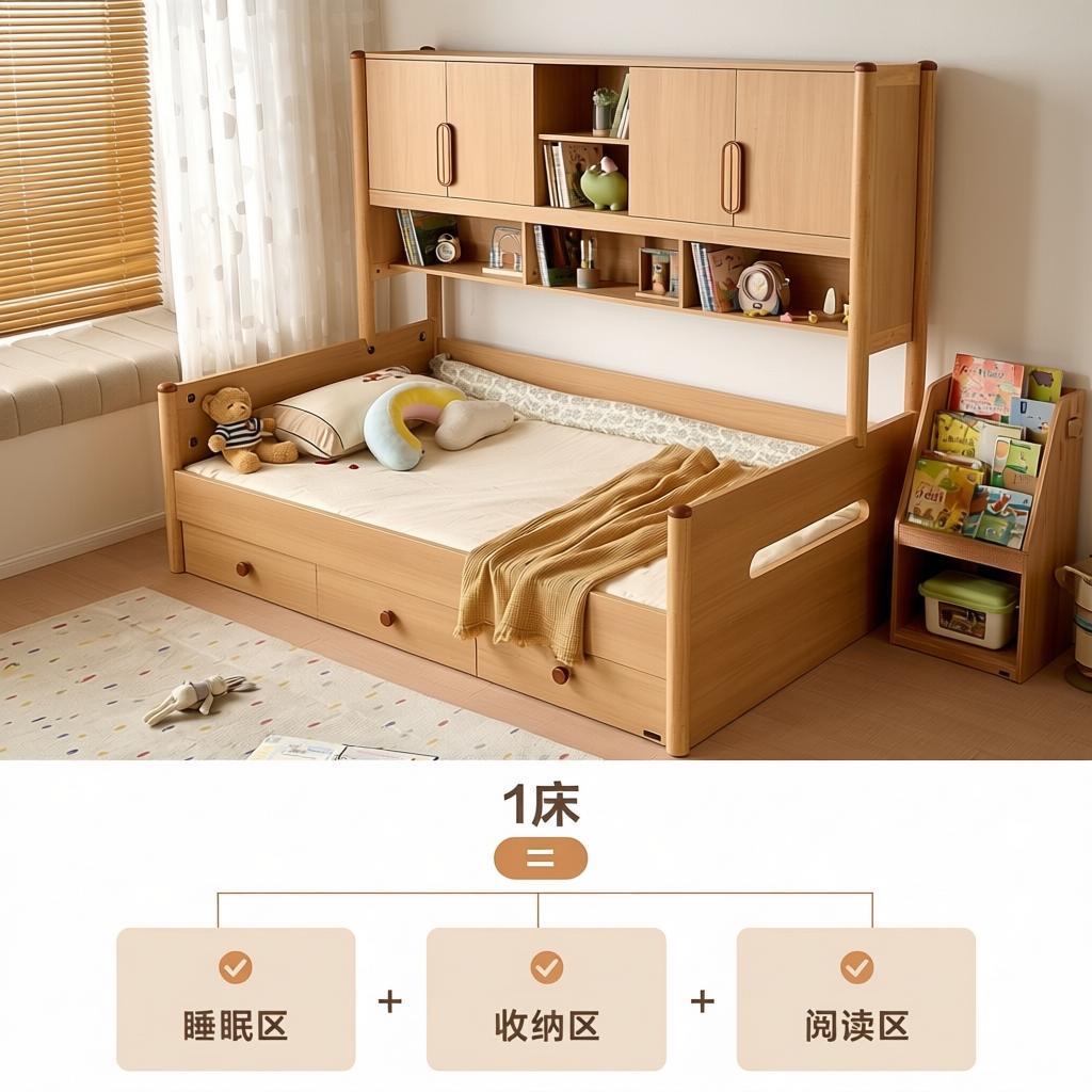 原木風榻榻米衣櫃一體兒童床 細單位男女孩睡房專用 bed