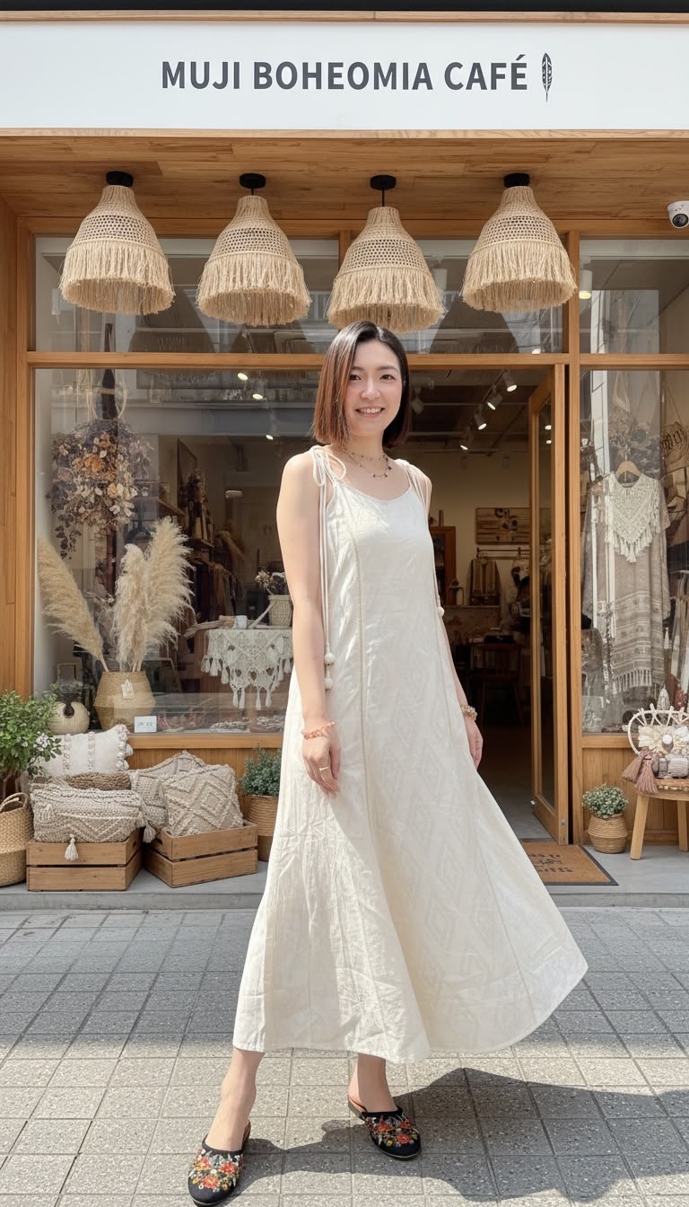 2514 Beige Muji Style A-line Cut Herbal Press Ball Ball OP
