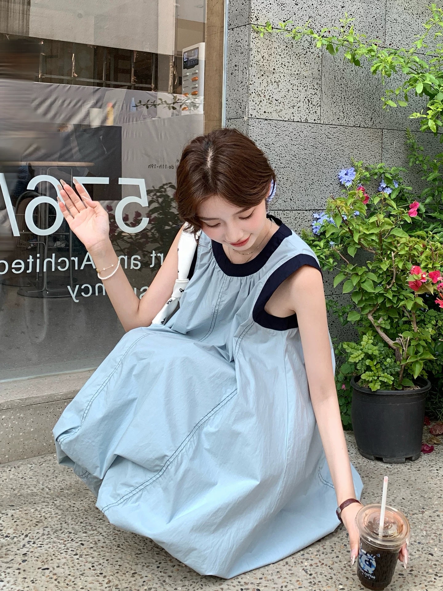 无袖圆领拼色宽松长款花苞裙｜CN02370323BLUE