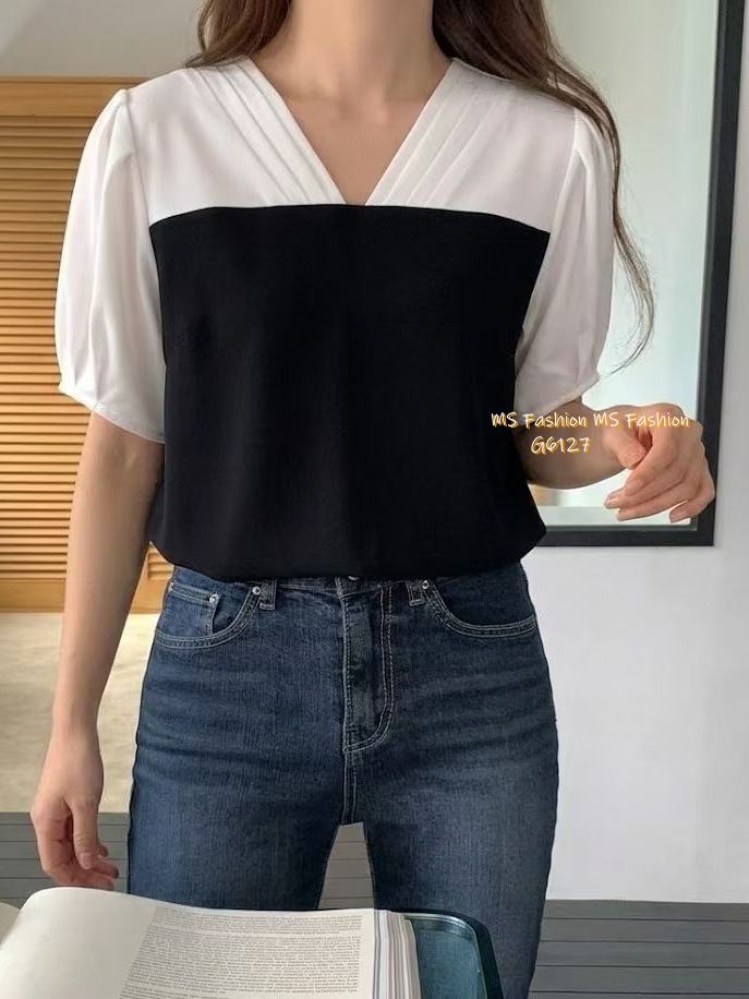G6127 韓國🇰🇷靚料V領拼色top
