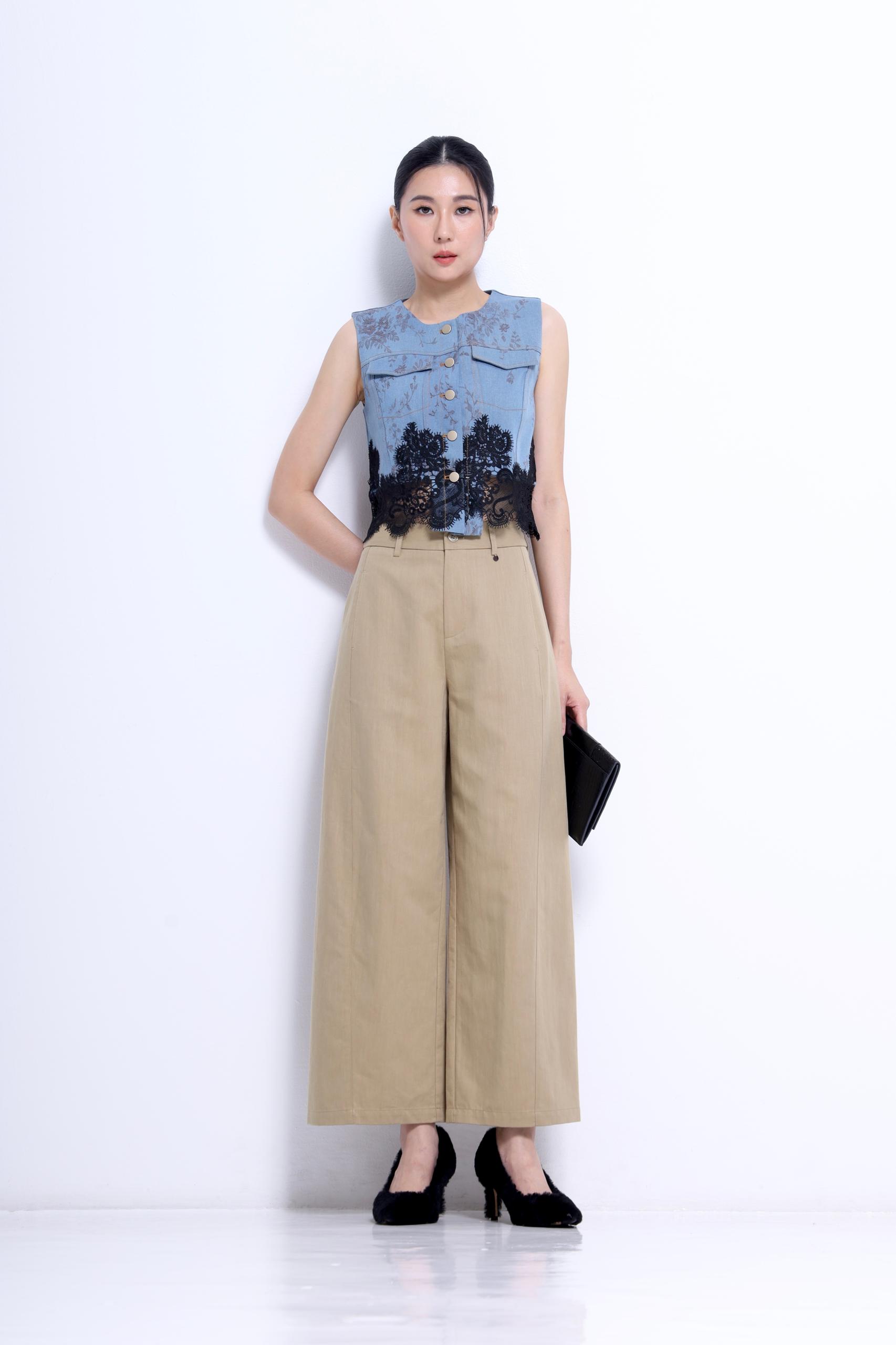 CB2786 DENIM PATTERN LACE PATCH CROP TOP
