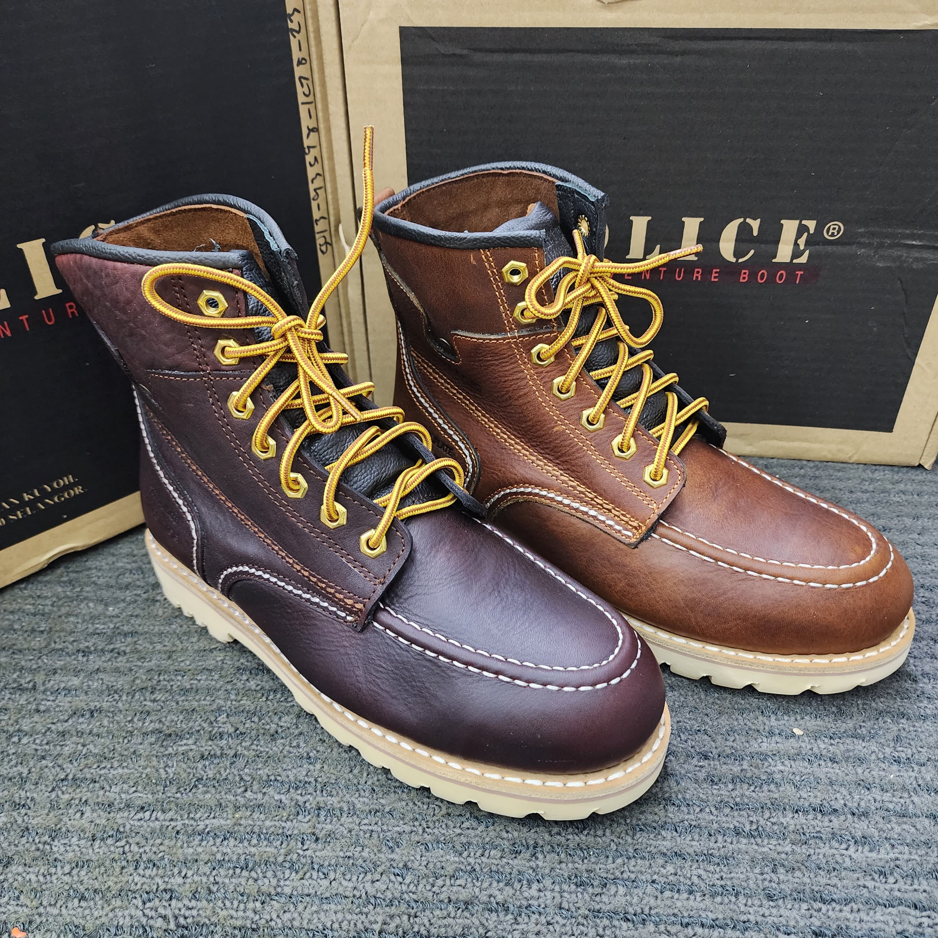 POLICE SAFETY 93598 Mid Cut Lace Up Safety Shoes leather Brown Maroon Kasut Keselamatan Kulit Tali Kasut Keselamatan