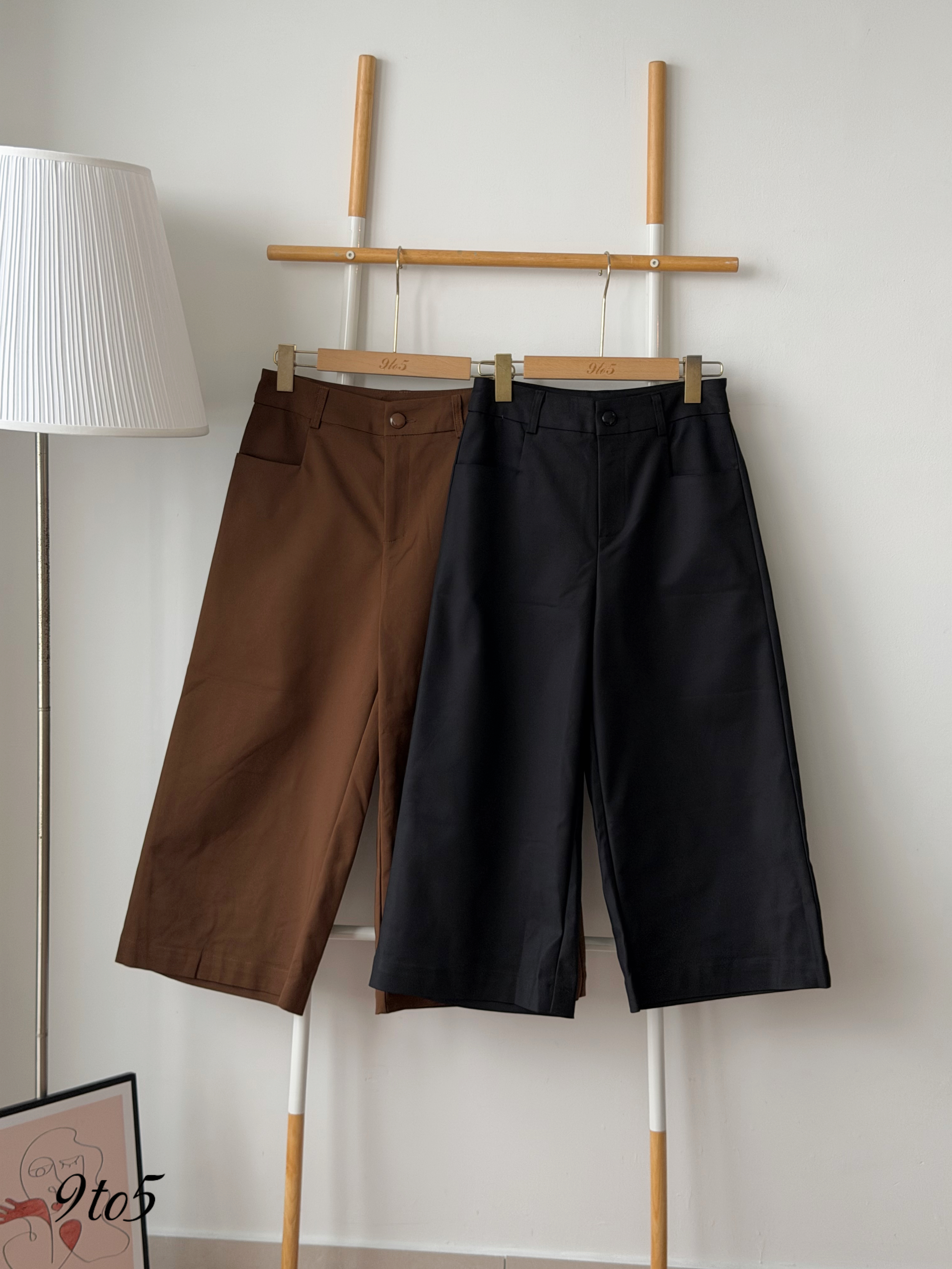 S2034 Wide Leg Cropped Pants - Black & Brown