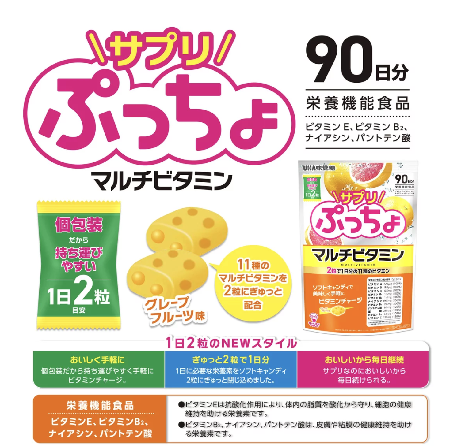 日本UHA味覺糖ぷっちょ綜合維他命軟糖（營養補充軟糖）西柚口味 180粒90日分