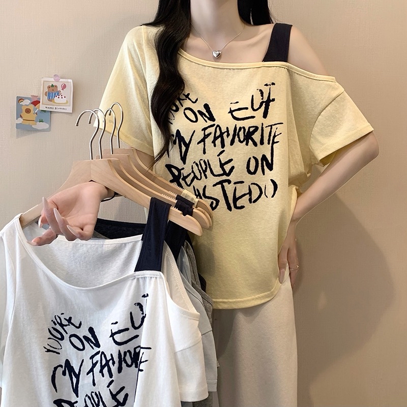 B292(3995) 美式涂鸦风文字斜领单吊带5色上衣 