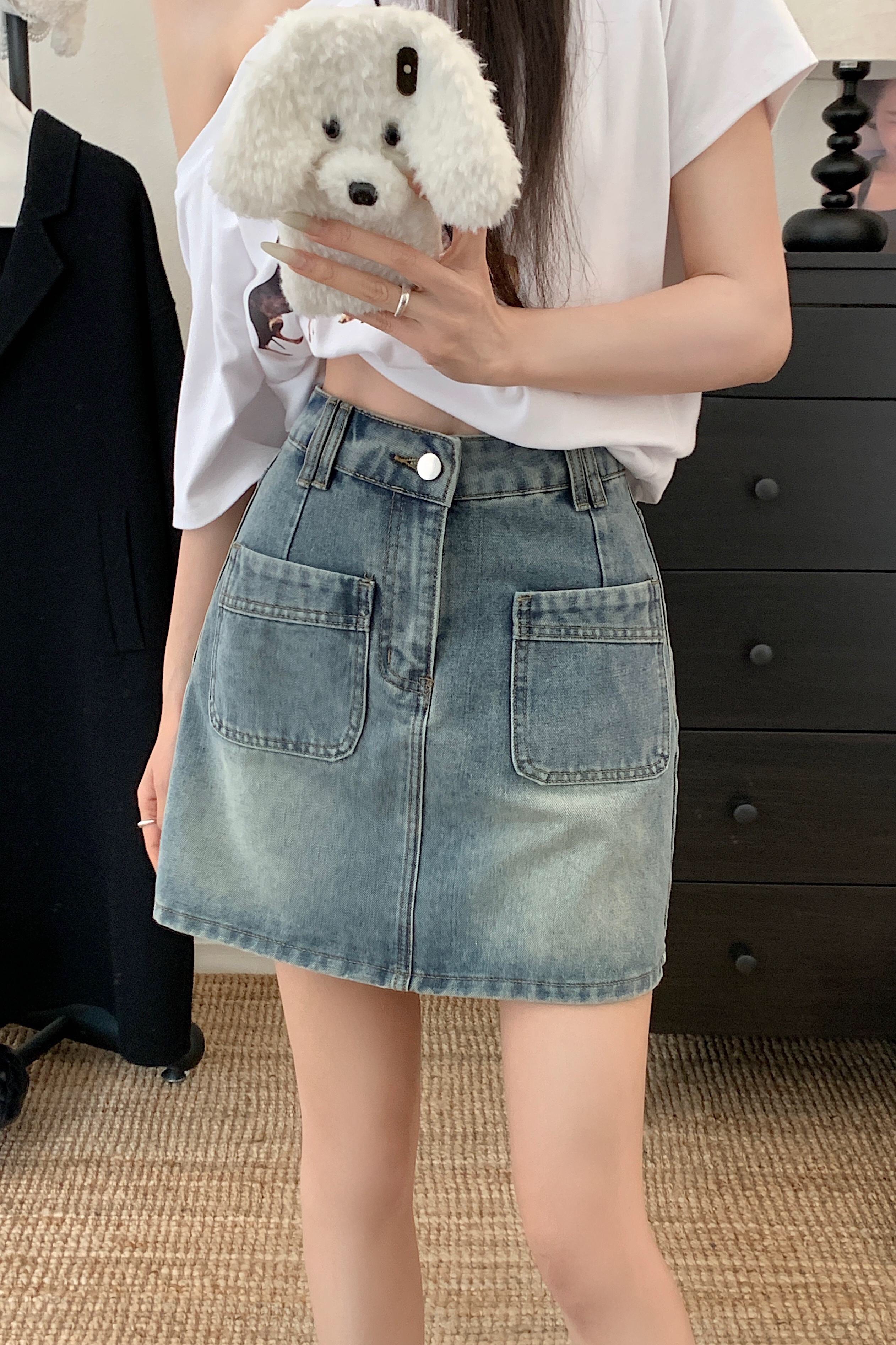 B165(65532) 韩版复古JEANS前部双大口袋蓝短裙 