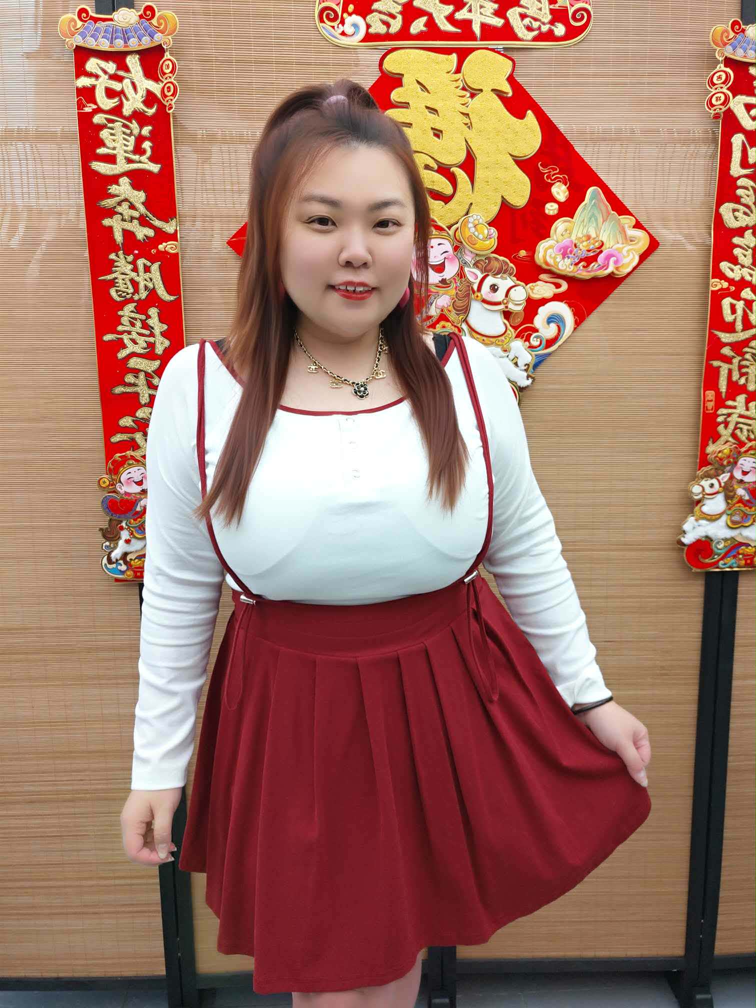 DDH01 8206(A6) 大U领长袖两件式吊带裤裙