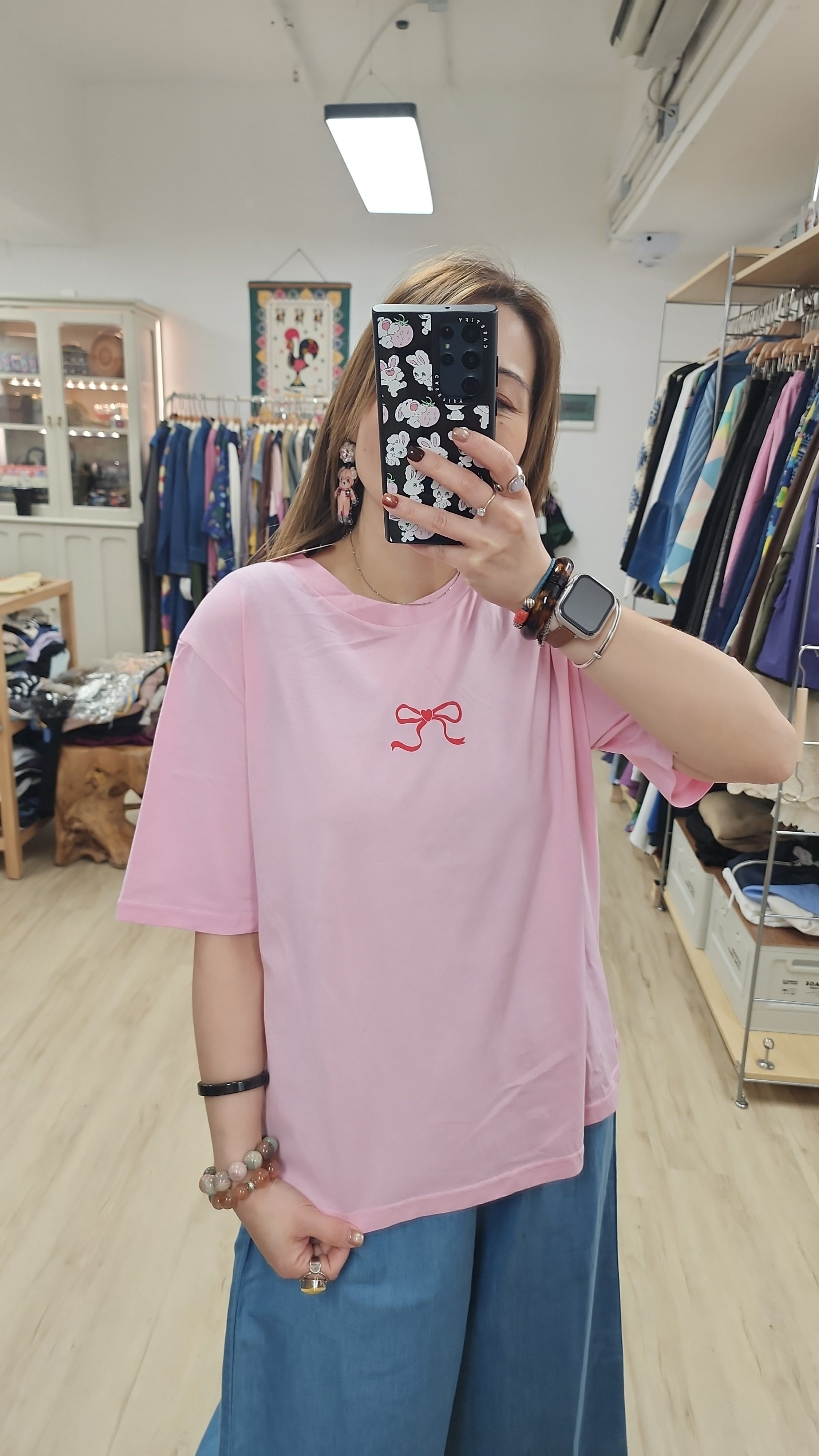 韓國粉紅拼小蝴蝶結印圖Tee