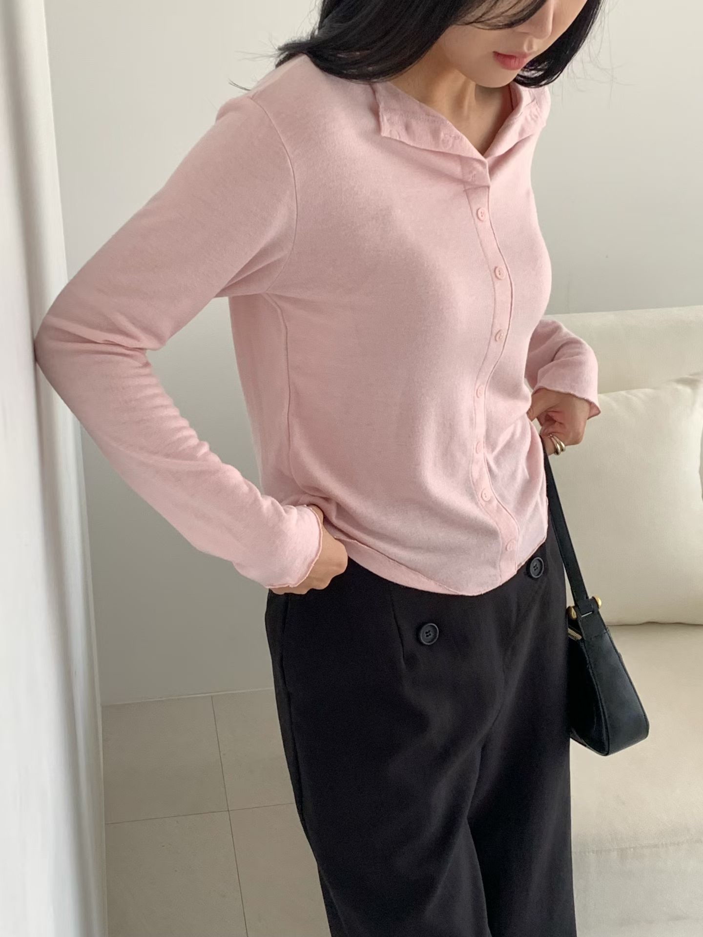 Button up rabbit hair wool basic tee 